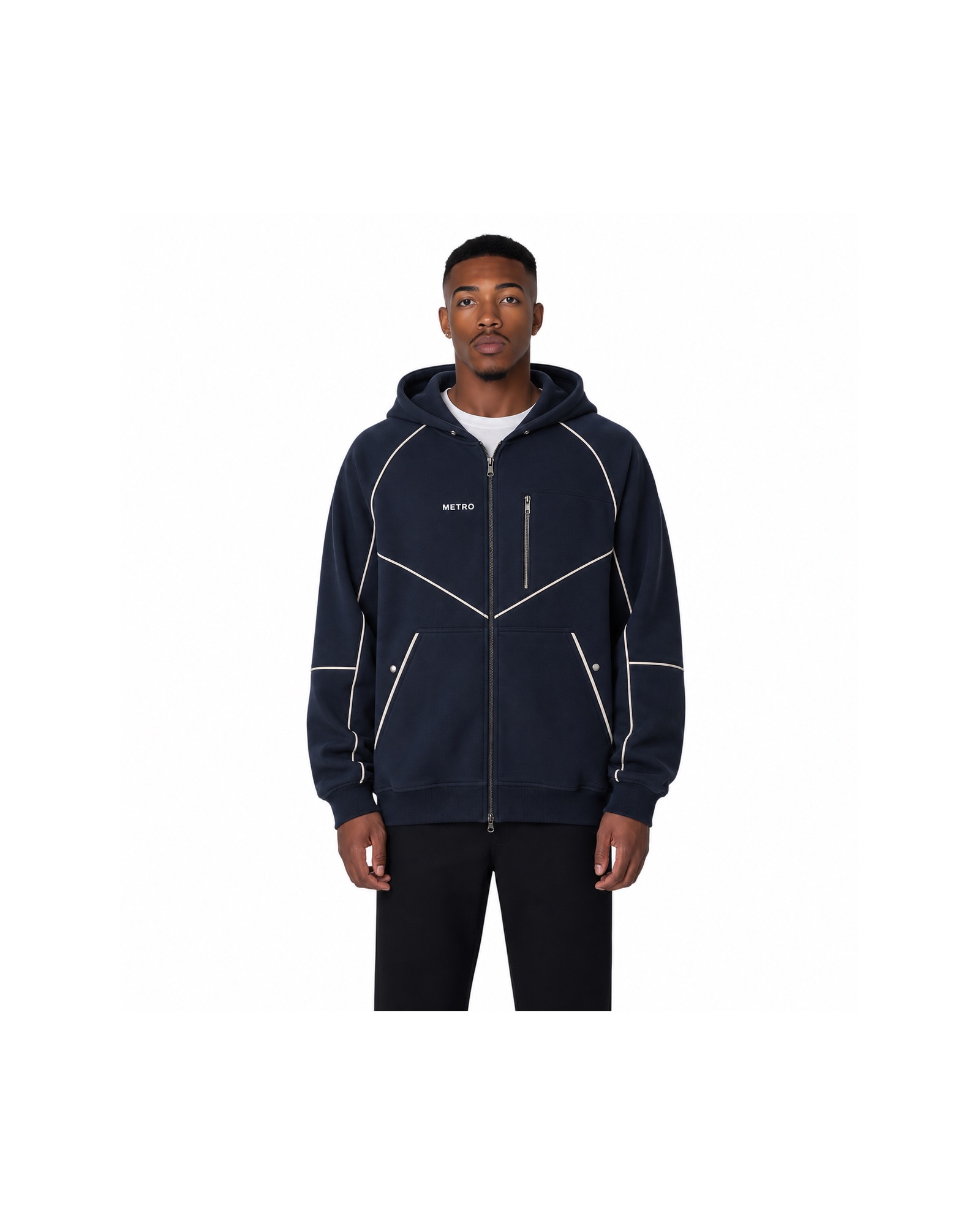 METRO Navy Switchback Zip Hoodie front product view on a white background