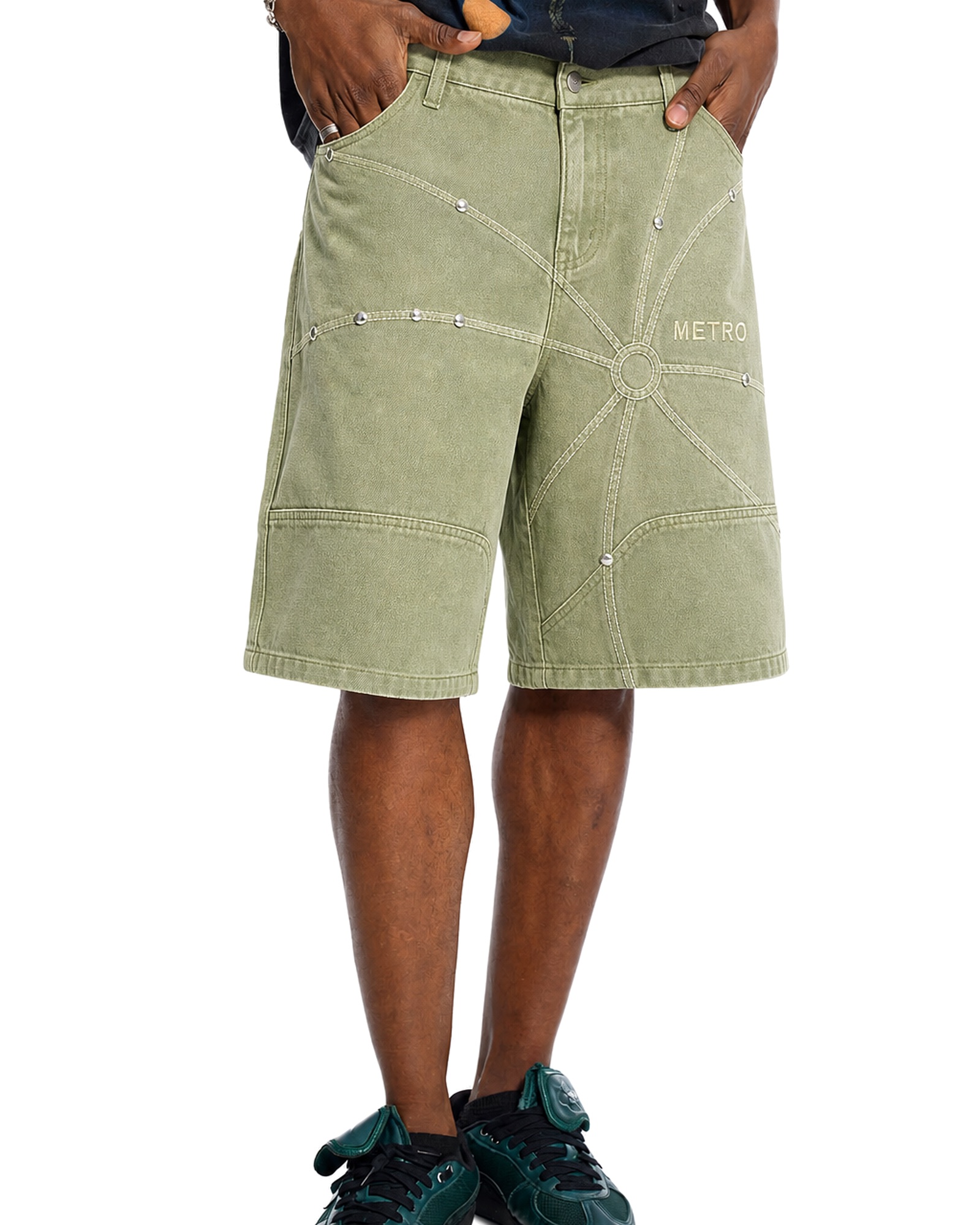 METRO Olive Platform Denim Shorts front product view on a white background