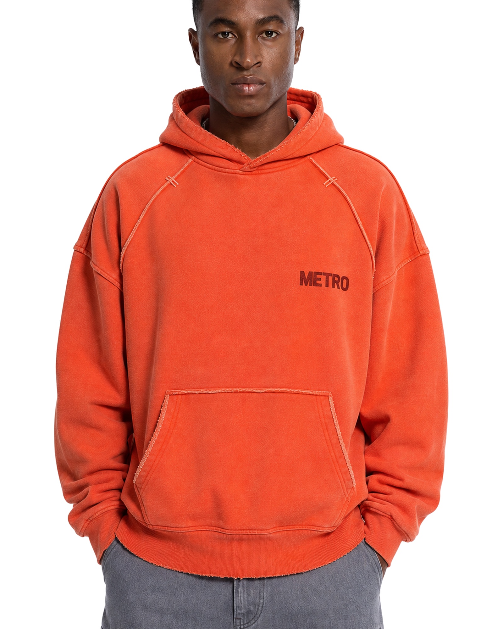 METRO Terminal Orange Hoodie front product view on a white background