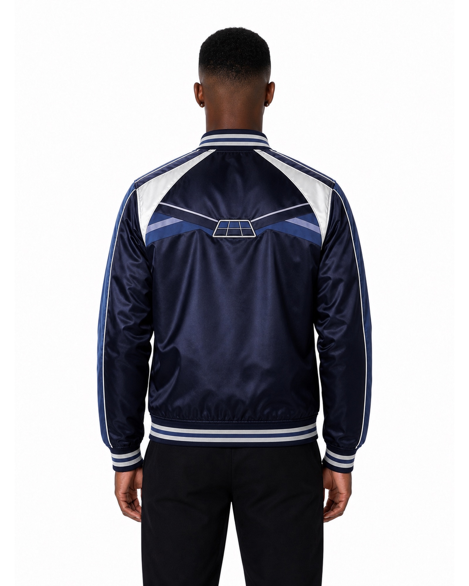 METRO Midnight Varsity Track Jacket back product view on a white background