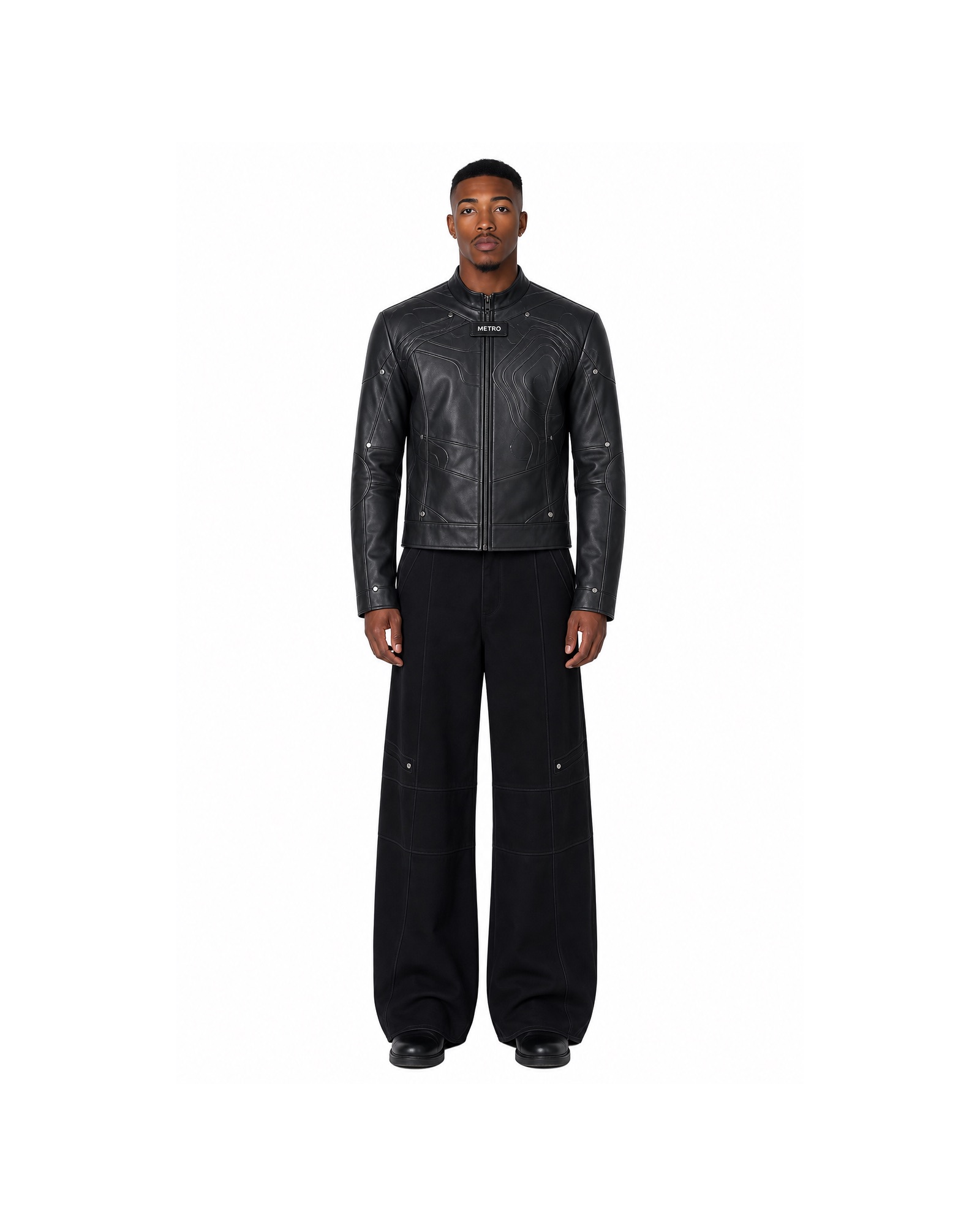 METRO Black Express Leather Jacket front product view on a white background