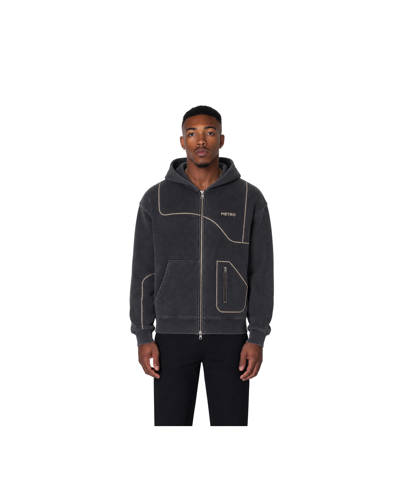 METRO Black Junction Zip Hoodie front product view on a white background