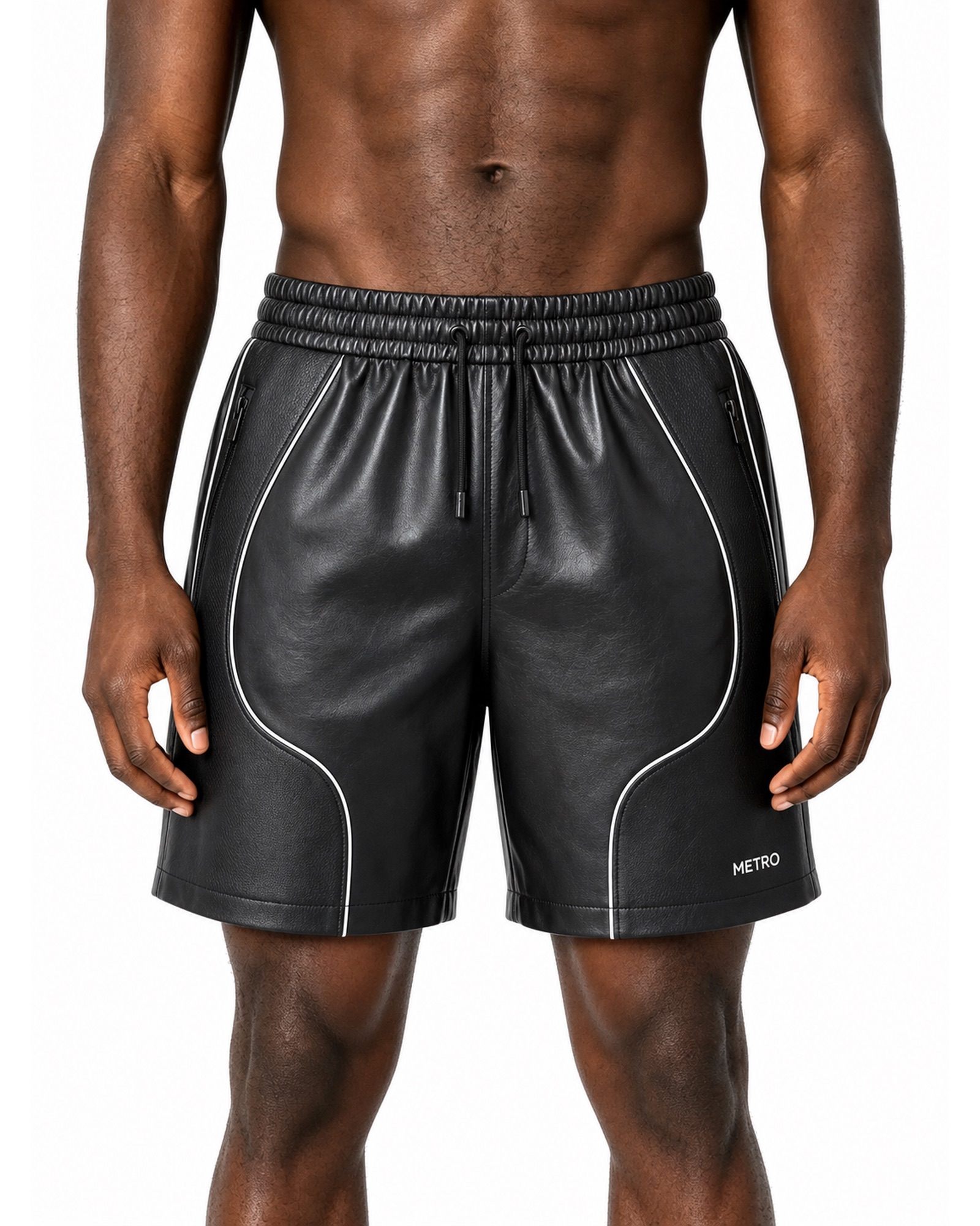 METRO Black Arc Leather Shorts front product view on a white background