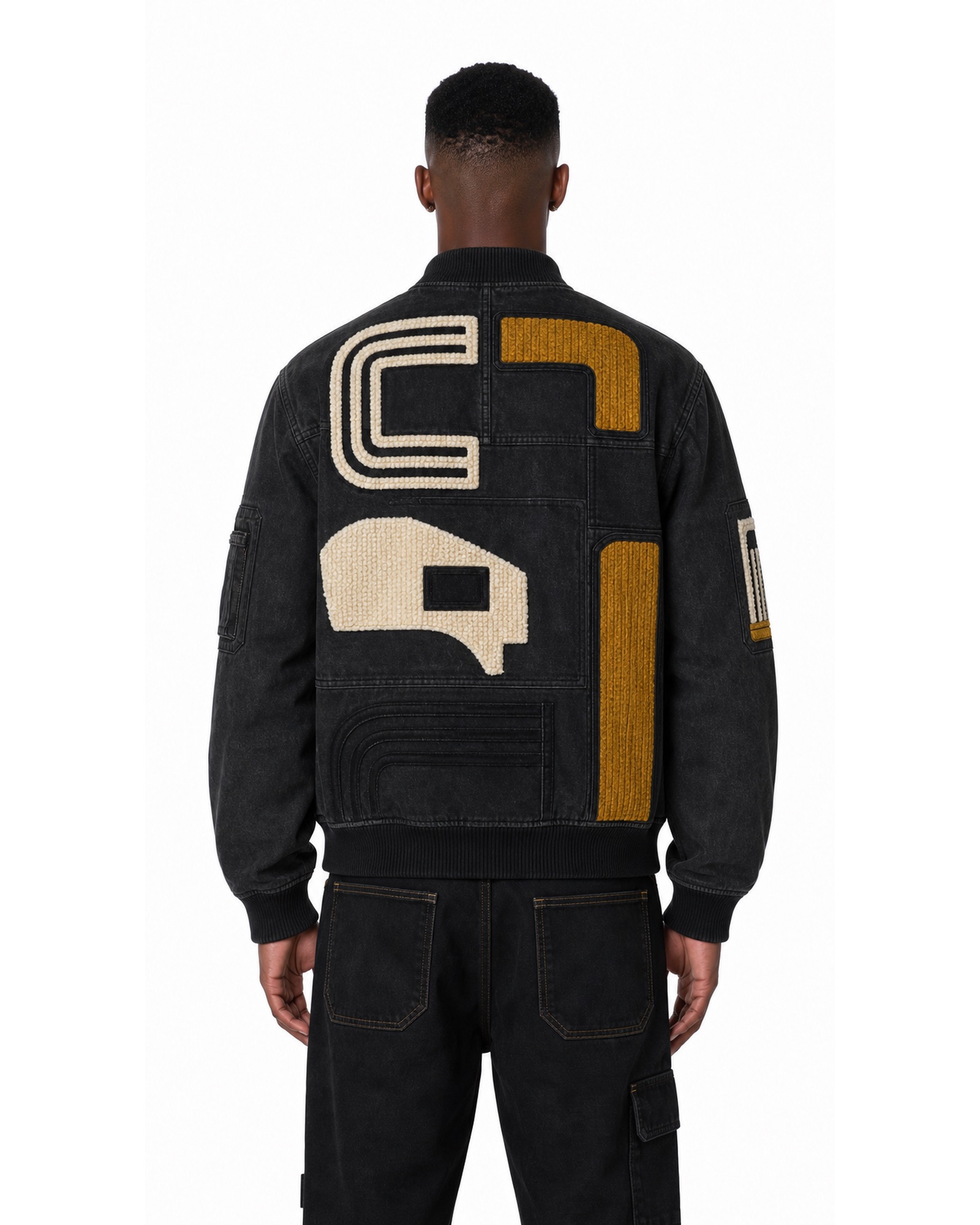 METRO Carbon Patch Varsity Jacket back product view on a white background