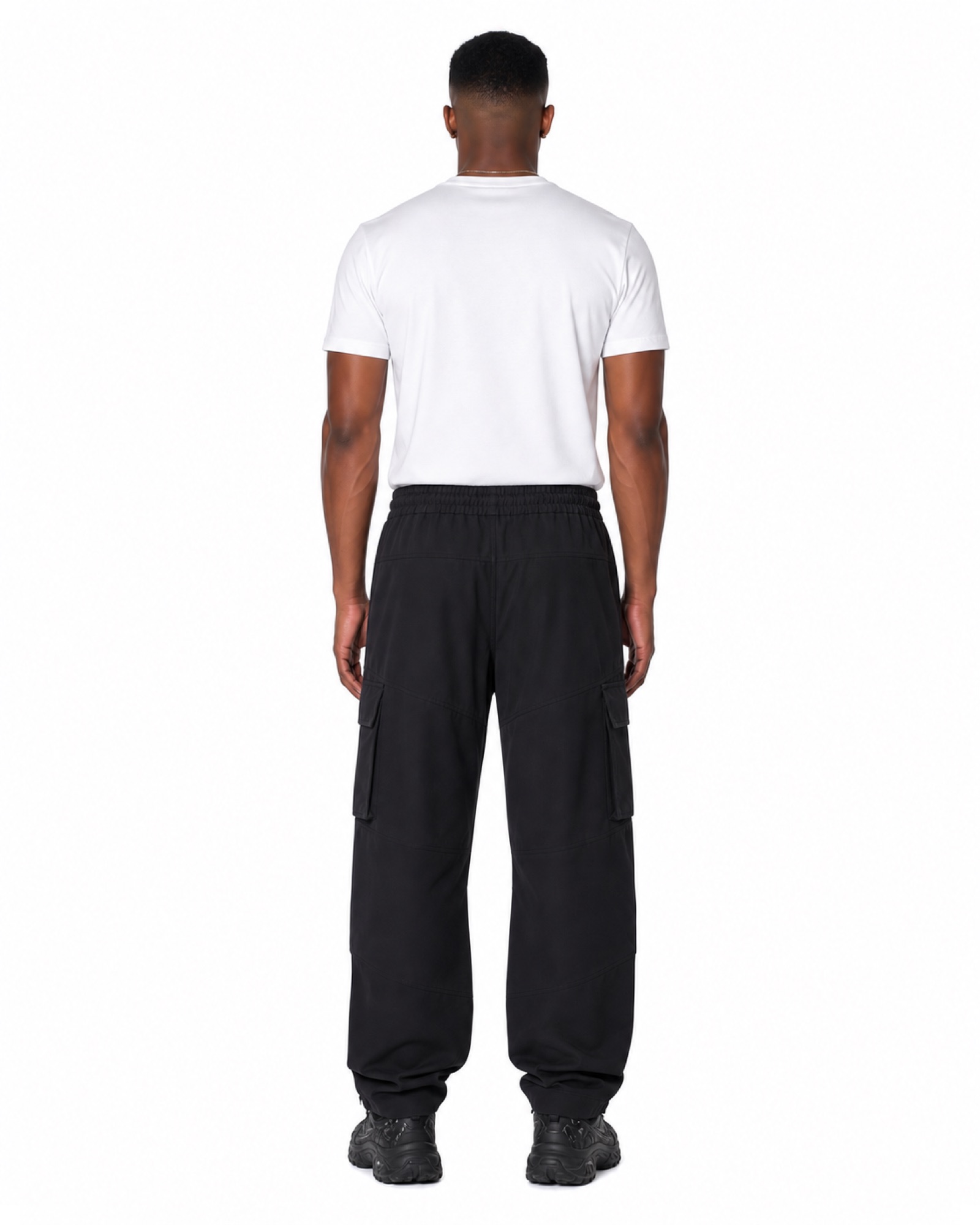 METRO Black Grid Cargo Trousers back product view on a white background