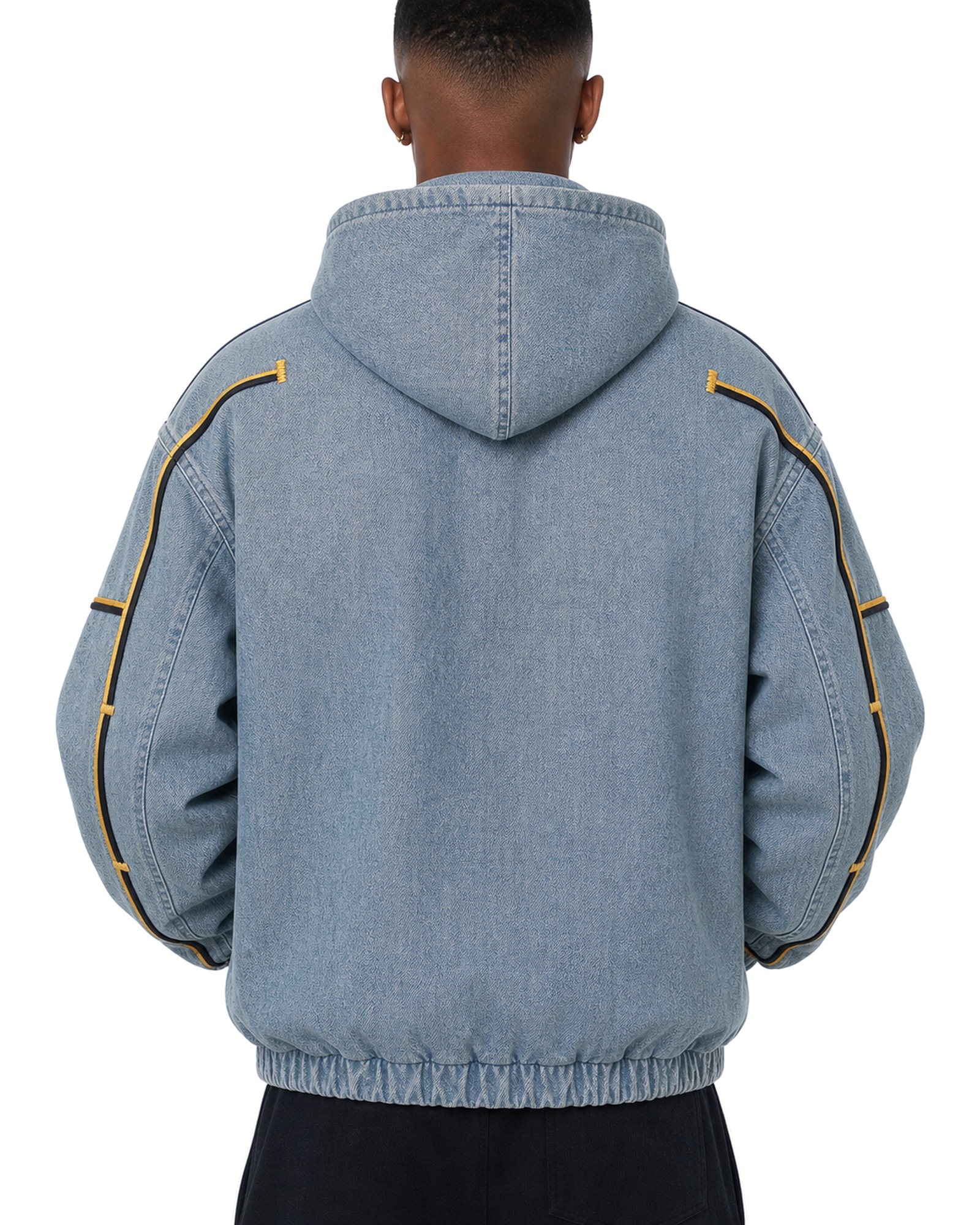 METRO Trackside Denim Zip Hoodie back product view on a white background