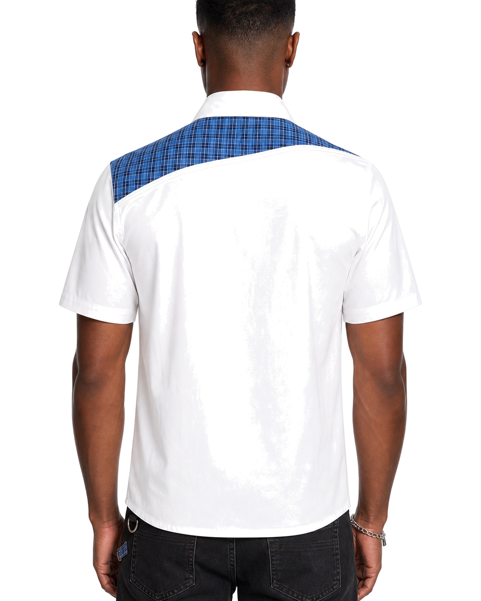METRO Blue Transfer Panel Shirt back product view on a white background