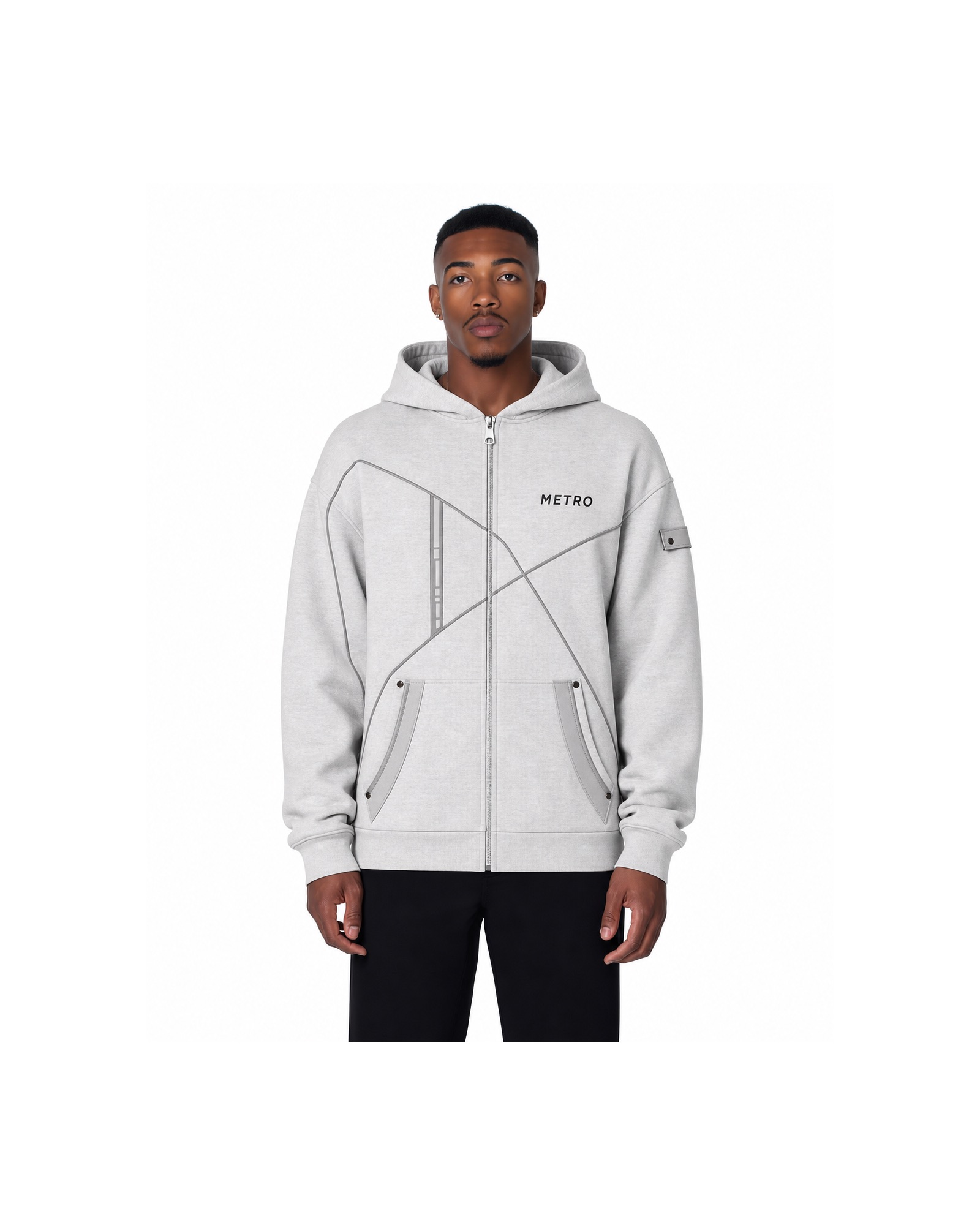 METRO Silver Blueprint Zip Hoodie front product view on a white background