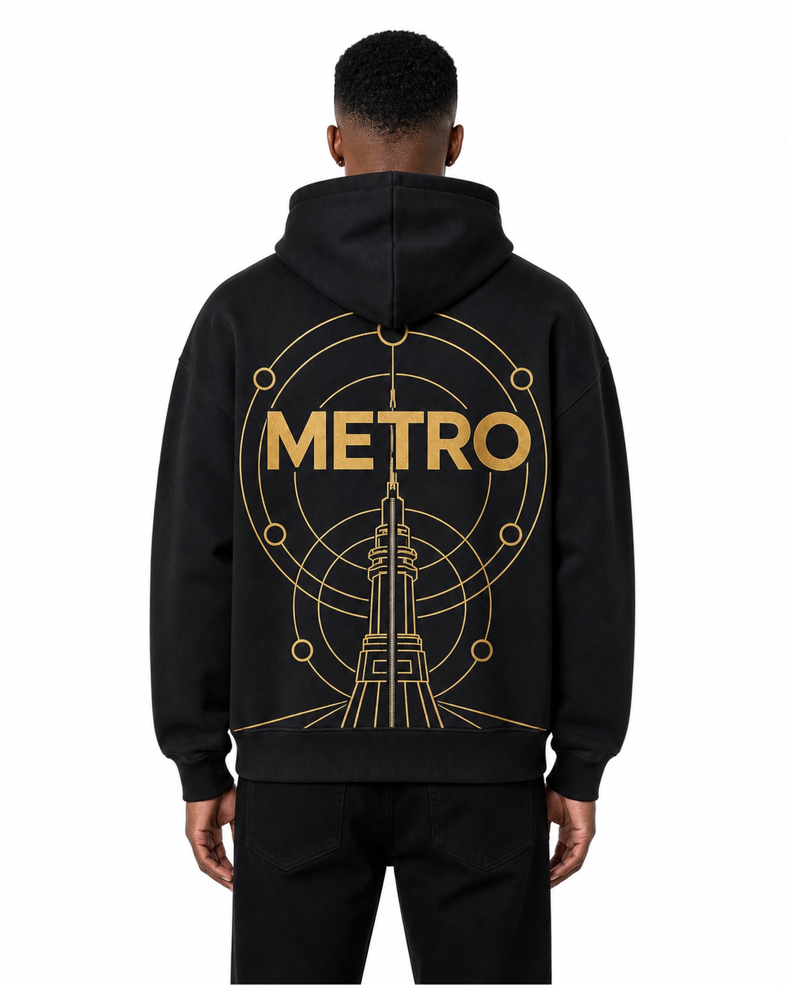 METRO Golden Orbit Zip Hoodie back product view on a white background