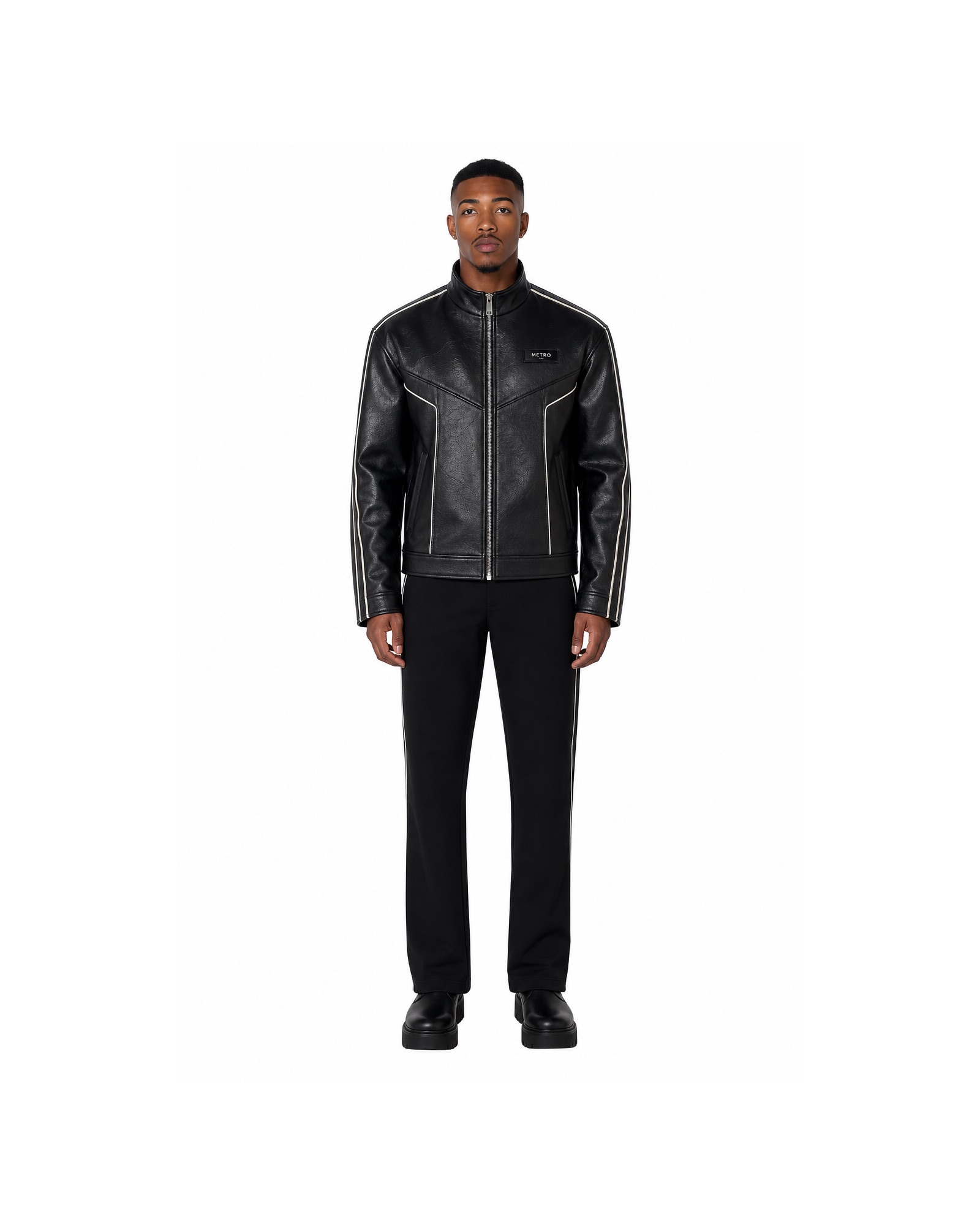 METRO Obsidian Vector Leather Jacket front product view on a white background