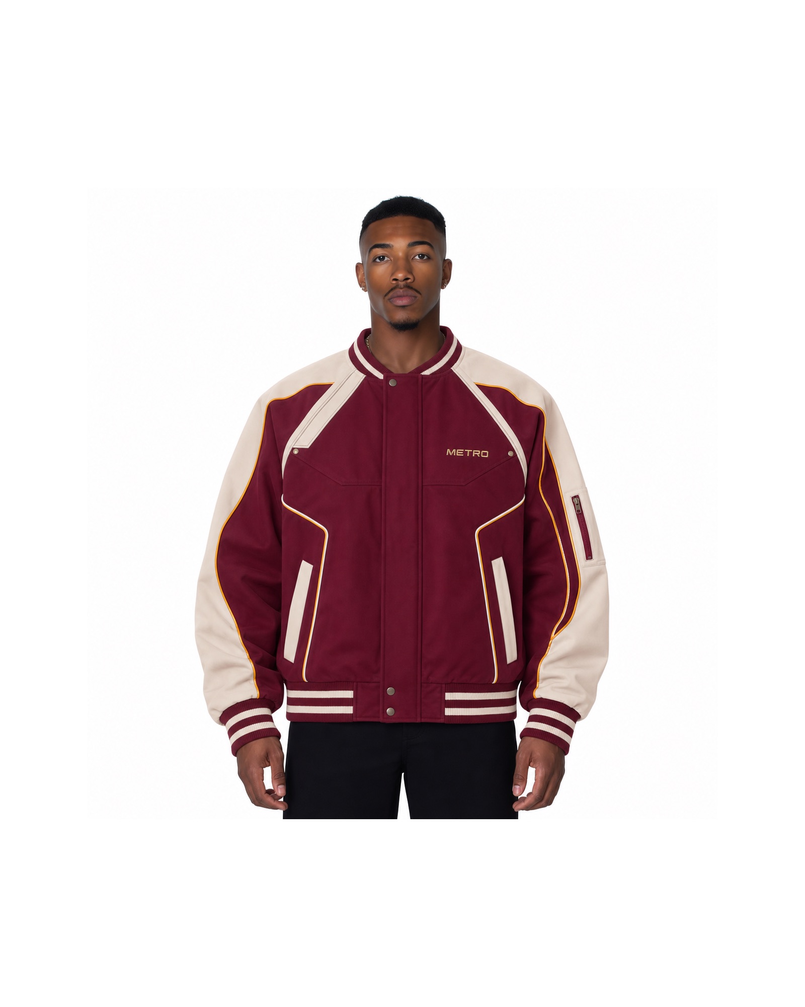 METRO Crimson Sweep Varsity Jacket front product view on a white background