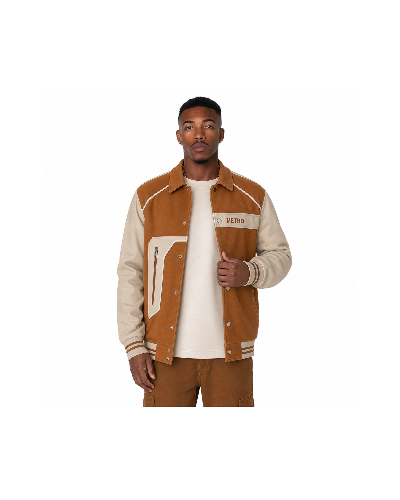 METRO Copper Junction Varsity Jacket front product view on a white background