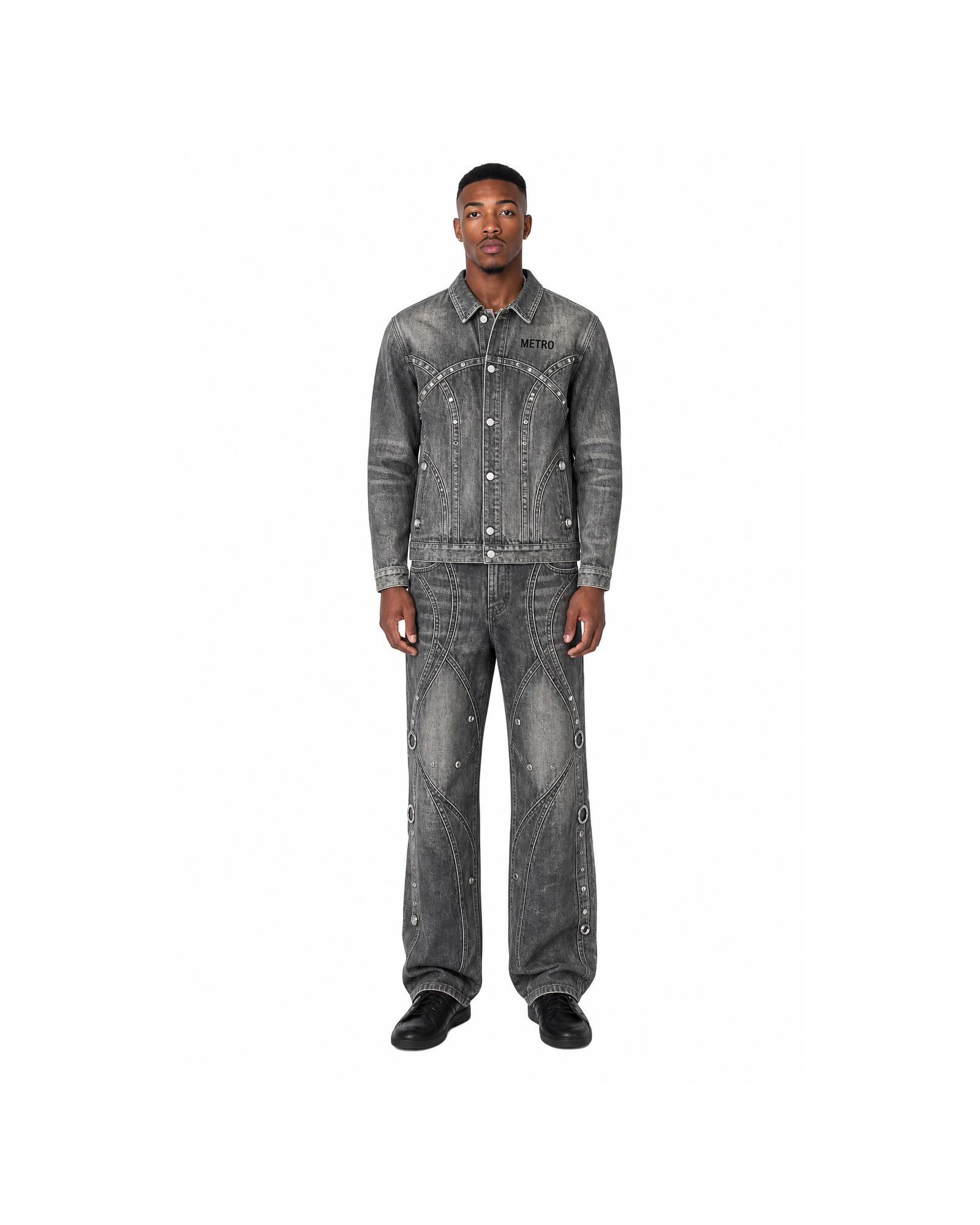 METRO Graphite Yard Denim Set front product view on a white background