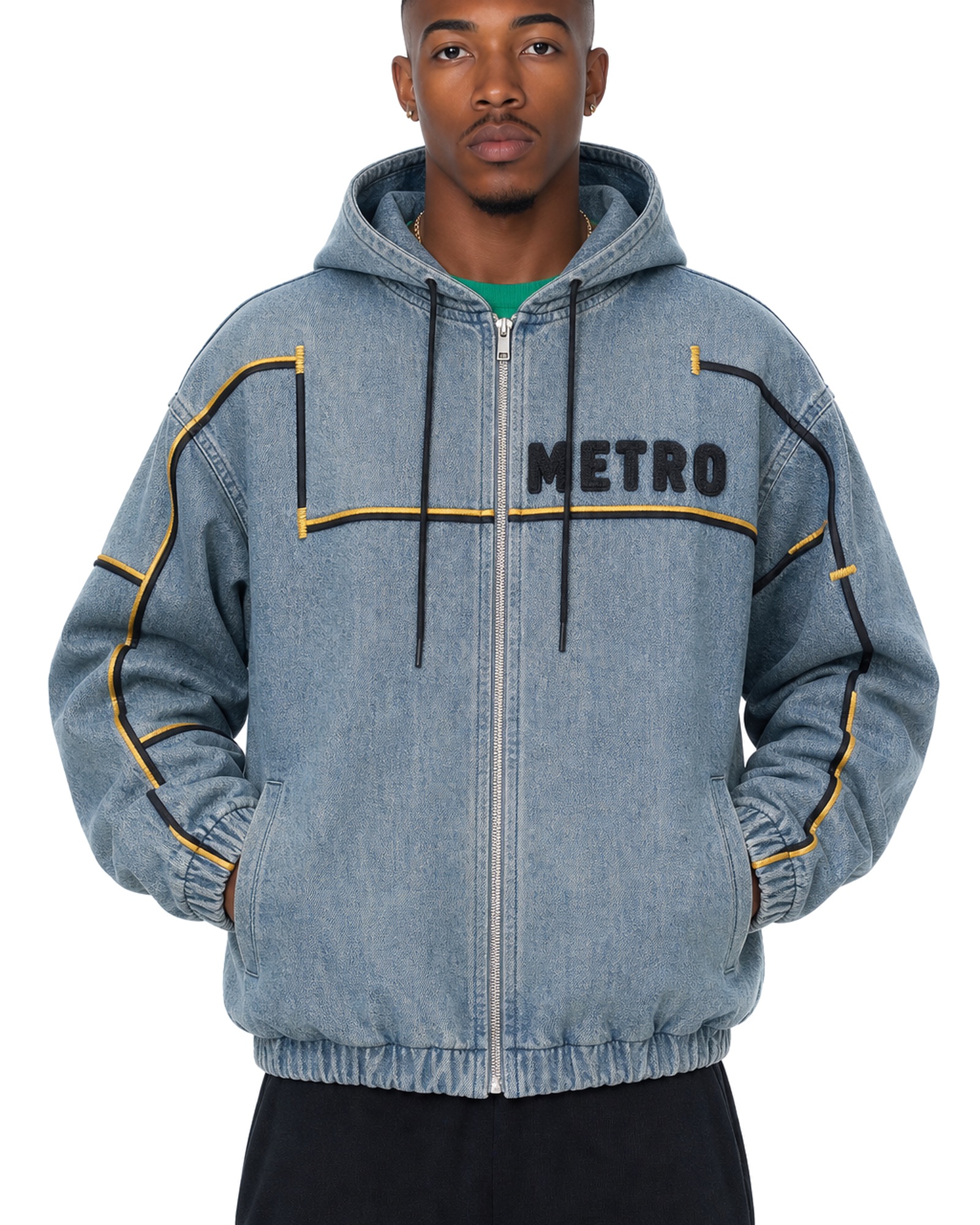 METRO Trackside Denim Zip Hoodie front product view on a white background