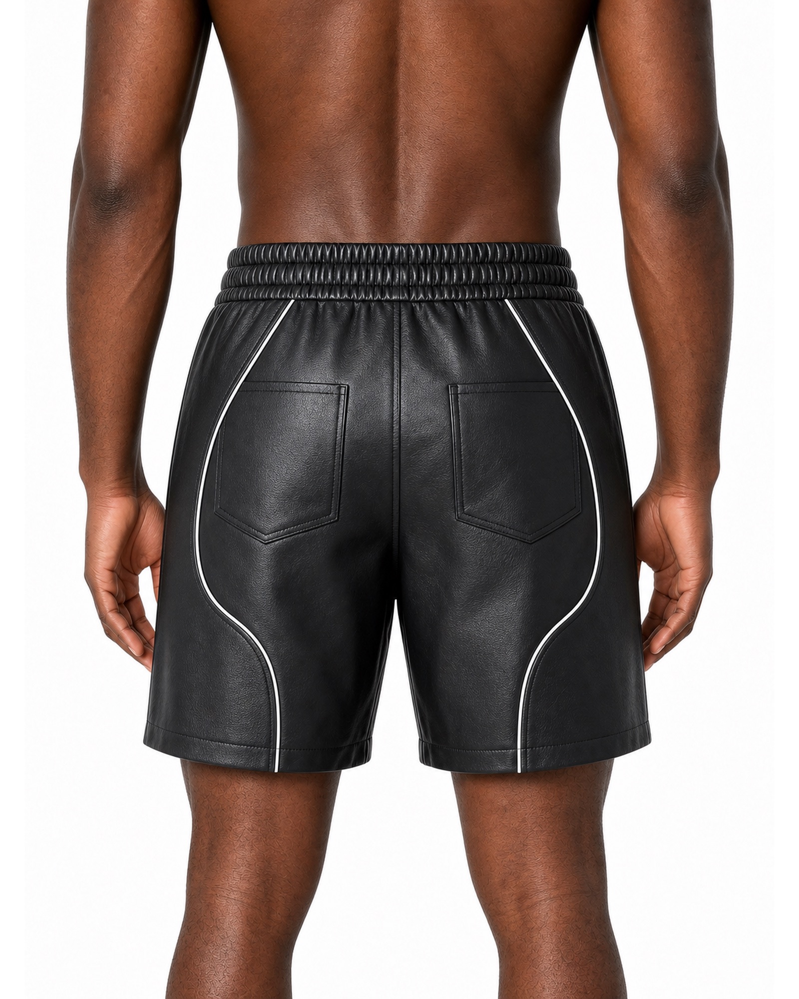 METRO Black Arc Leather Shorts back product view on a white background