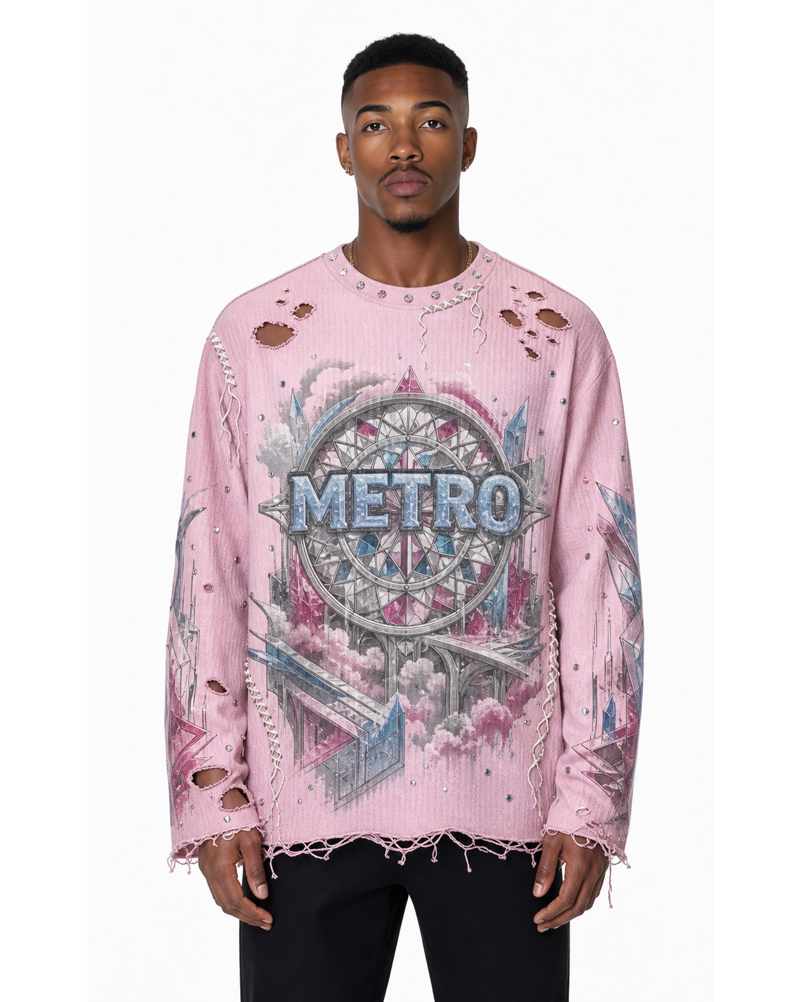 METRO Rose Circuit Distressed Long Sleeve front product view on a white background