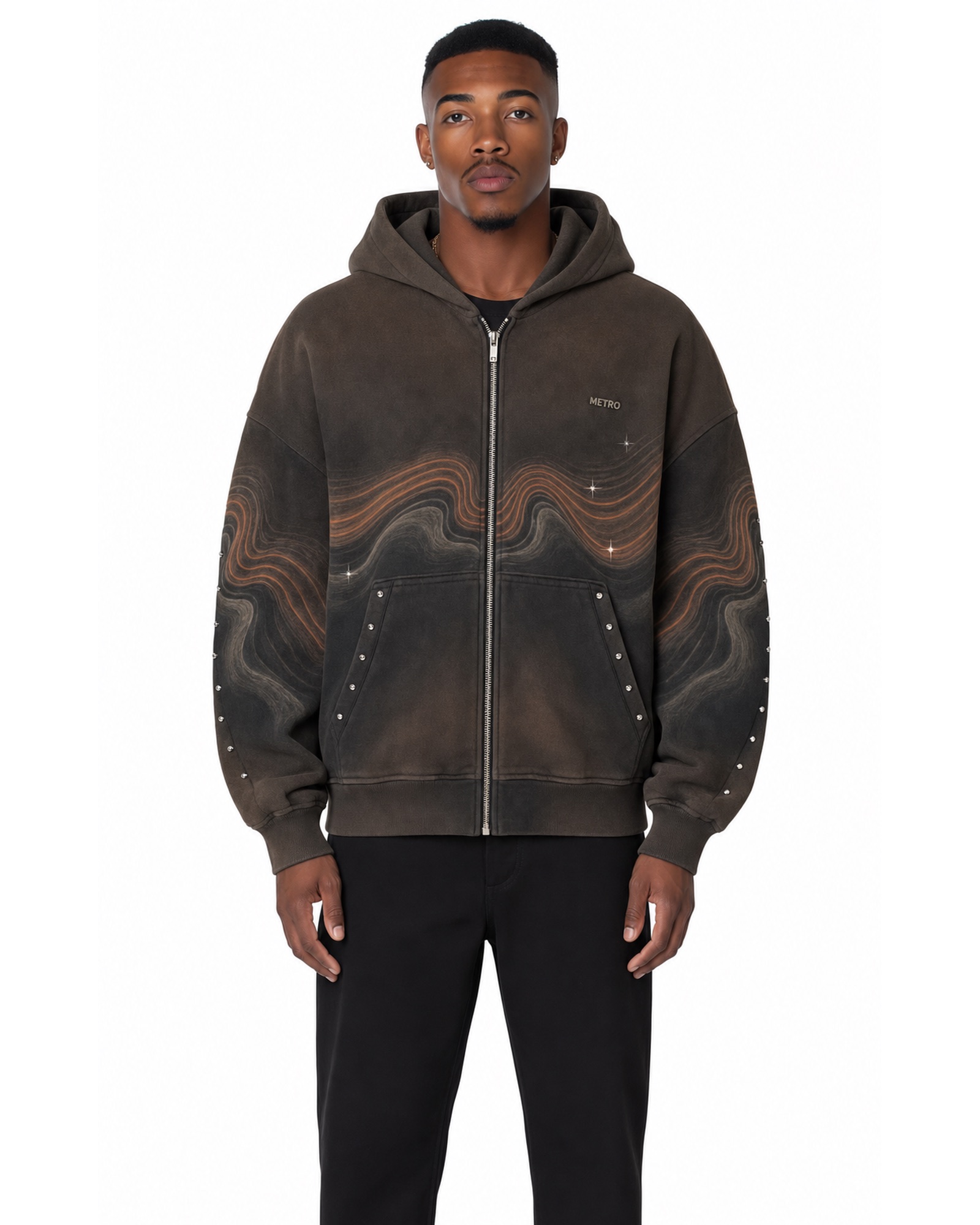 METRO Charcoal Topography Zip Hoodie front product view on a white background