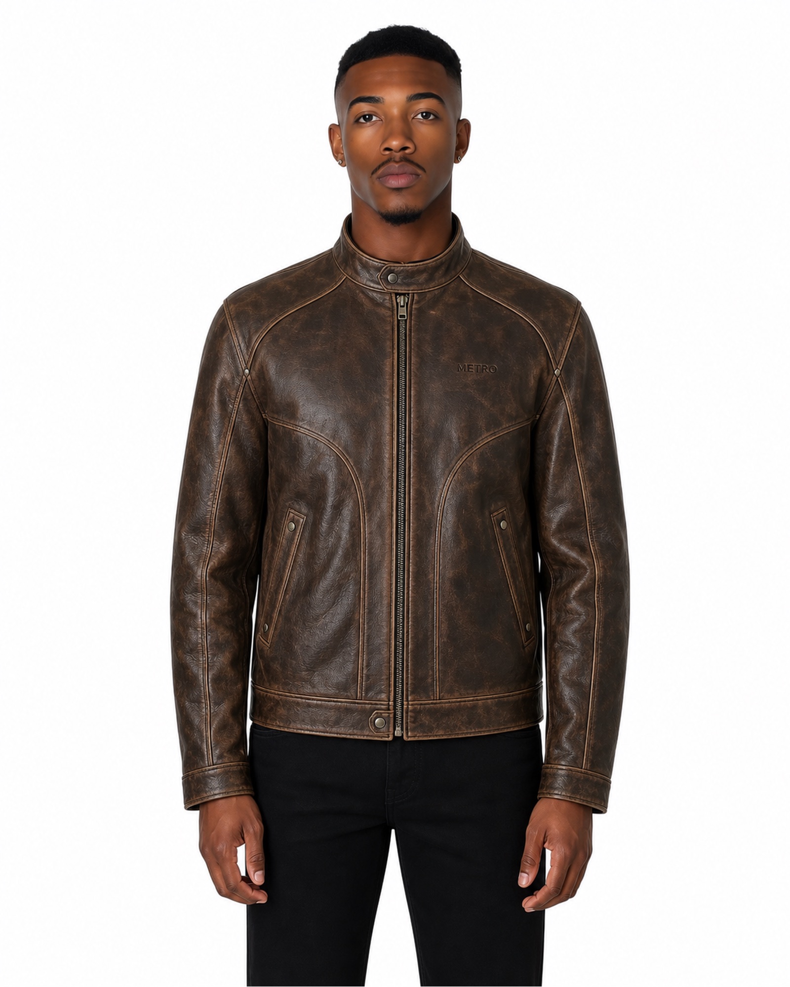 METRO Umber Roadster Leather Jacket front product view on a white background
