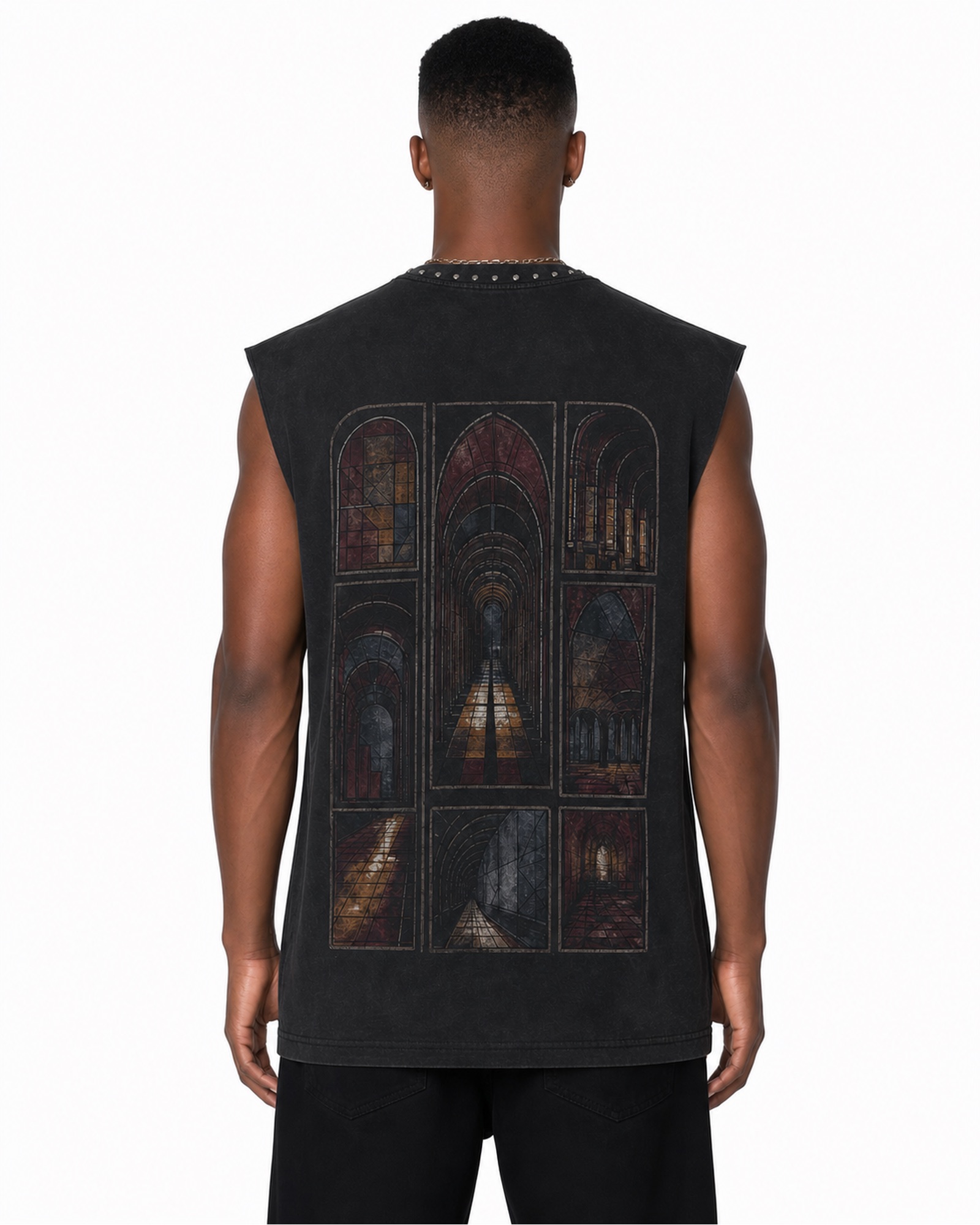 METRO Cathedral Window Sleeveless Tee back product view on a white background