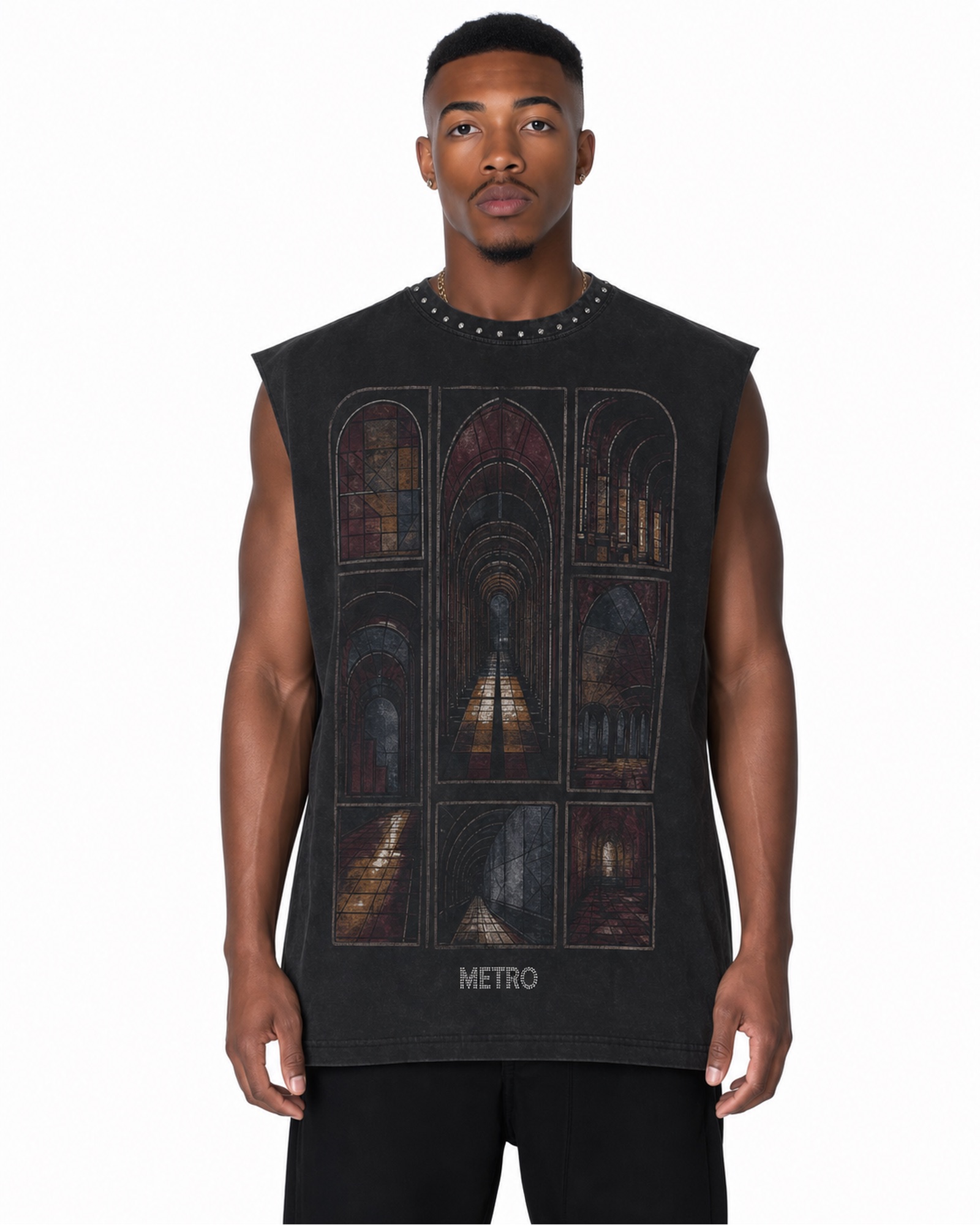 METRO Cathedral Window Sleeveless Tee front product view on a white background