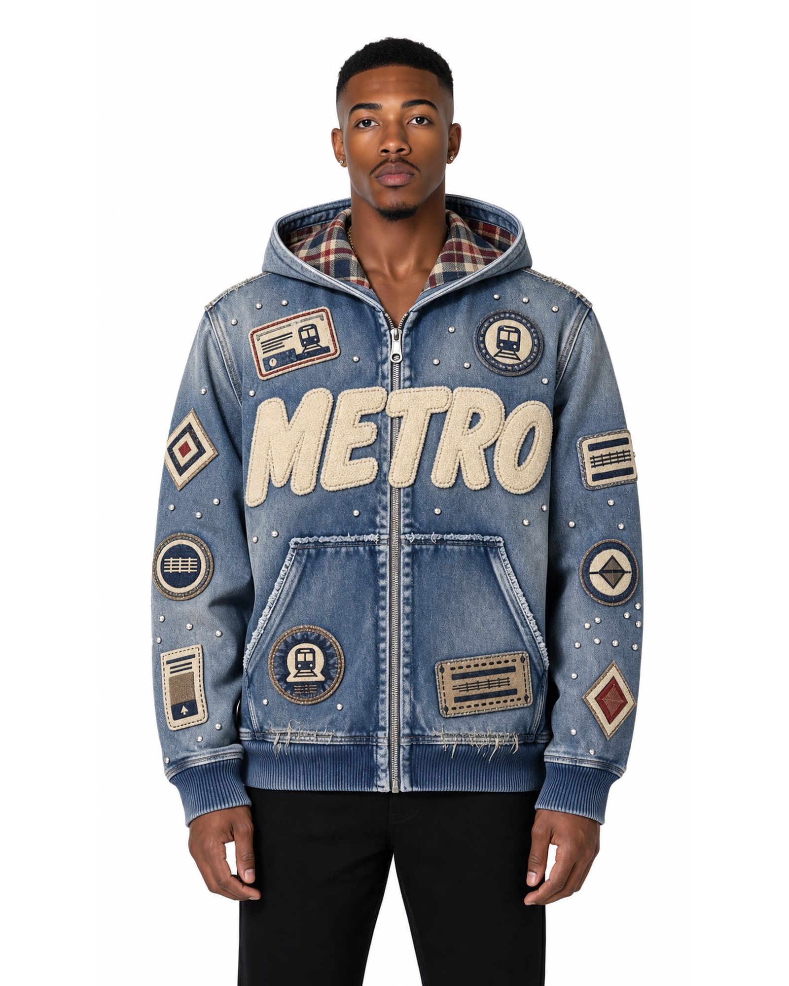 METRO Indigo Badge Denim Hoodie front product view on a white background