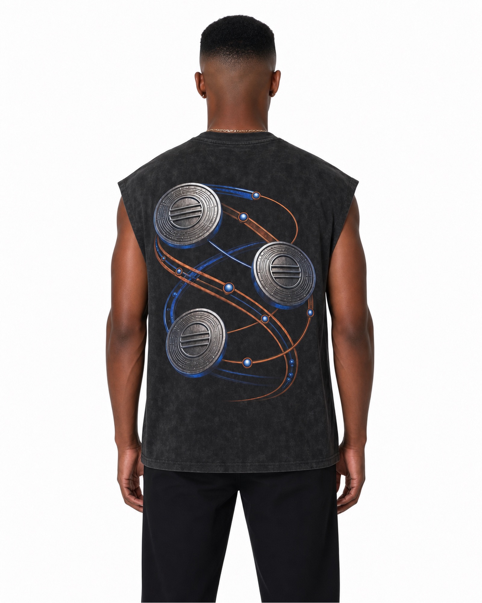 METRO Planetary Circuit Sleeveless Tee back product view on a white background