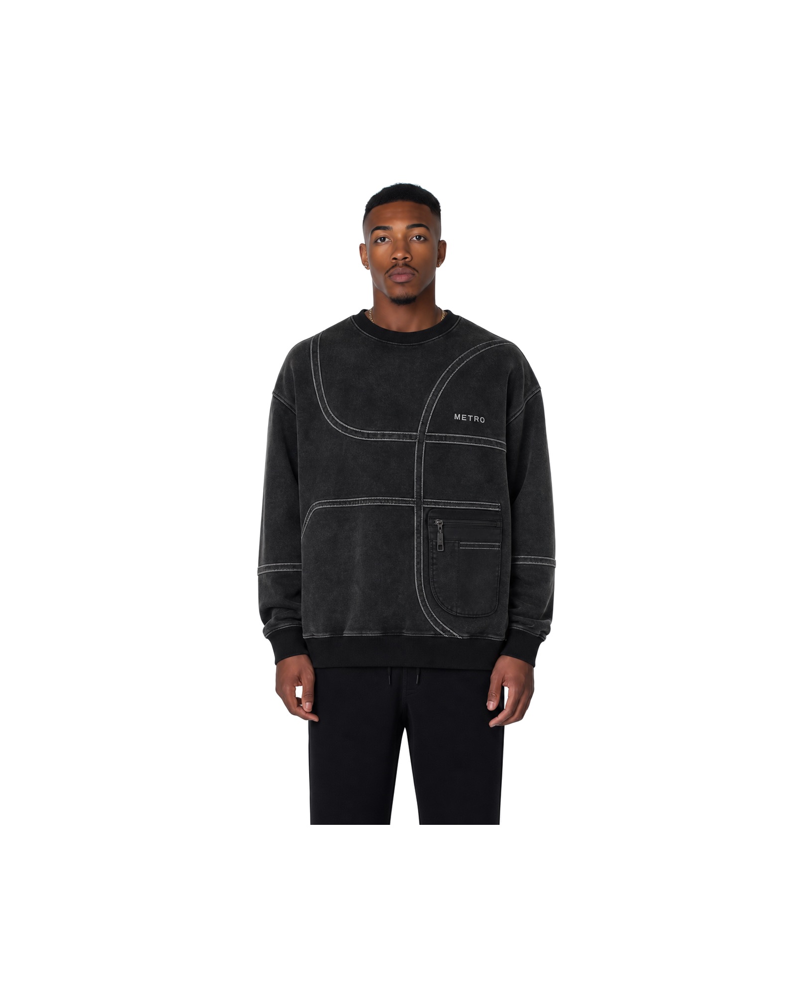 METRO Black Grid Crewneck front product view on a white background