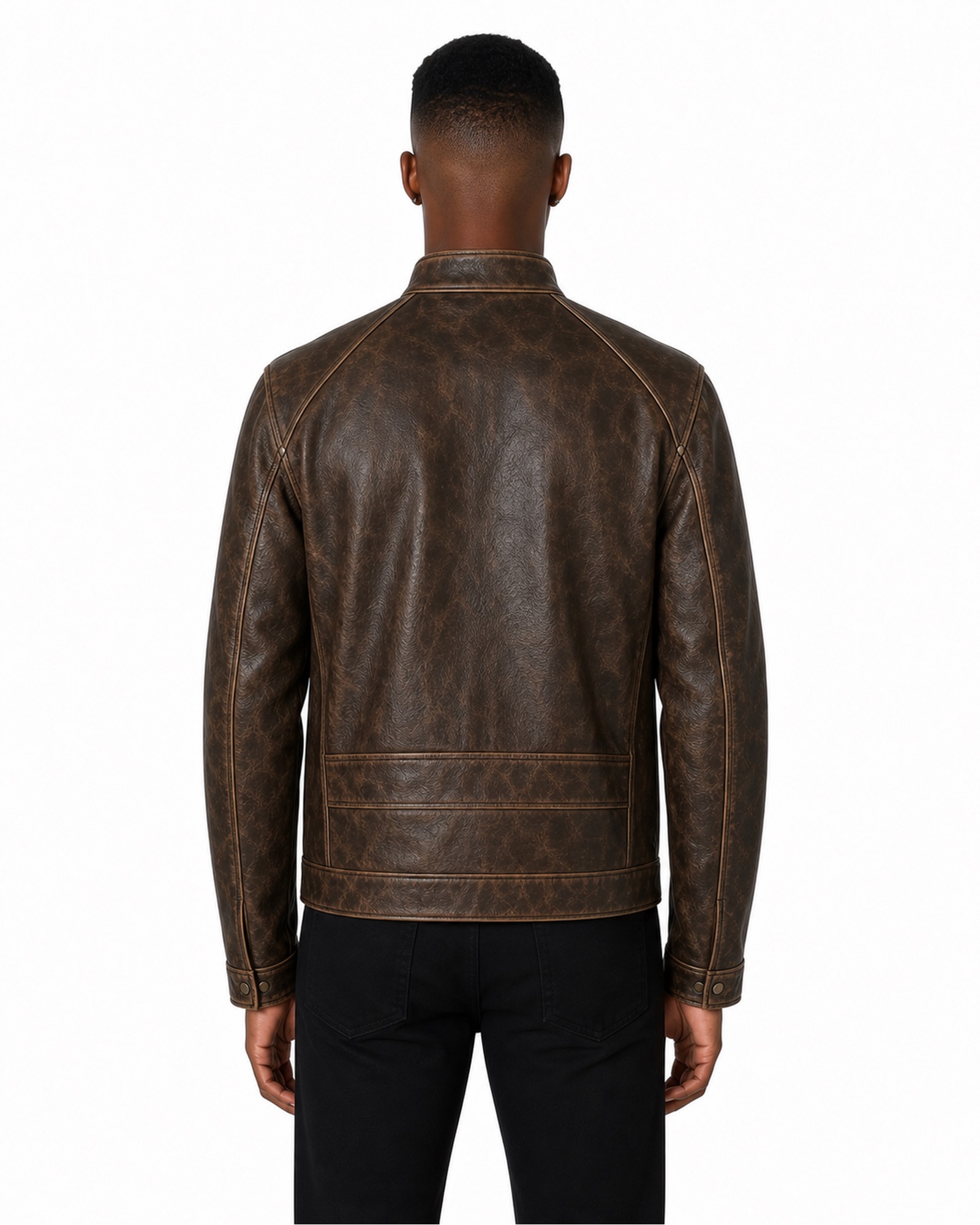 METRO Umber Roadster Leather Jacket back product view on a white background