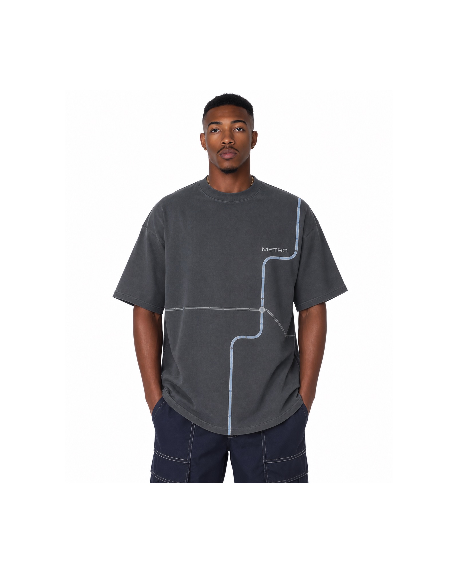 METRO Blue Circuit Oversized Tee front product view on a white background