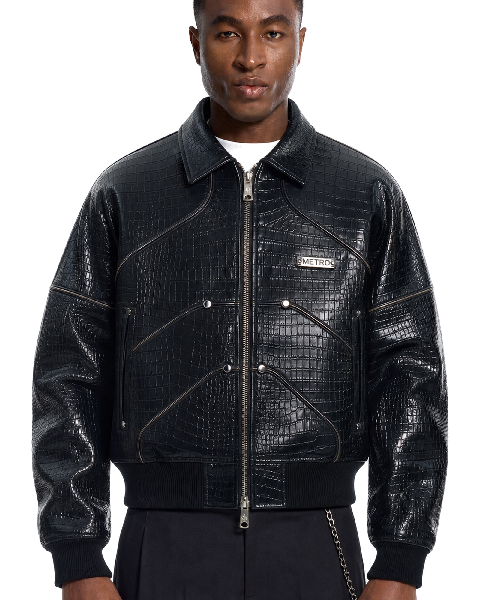 METRO Blackscale Leather Bomber front product view on a white background