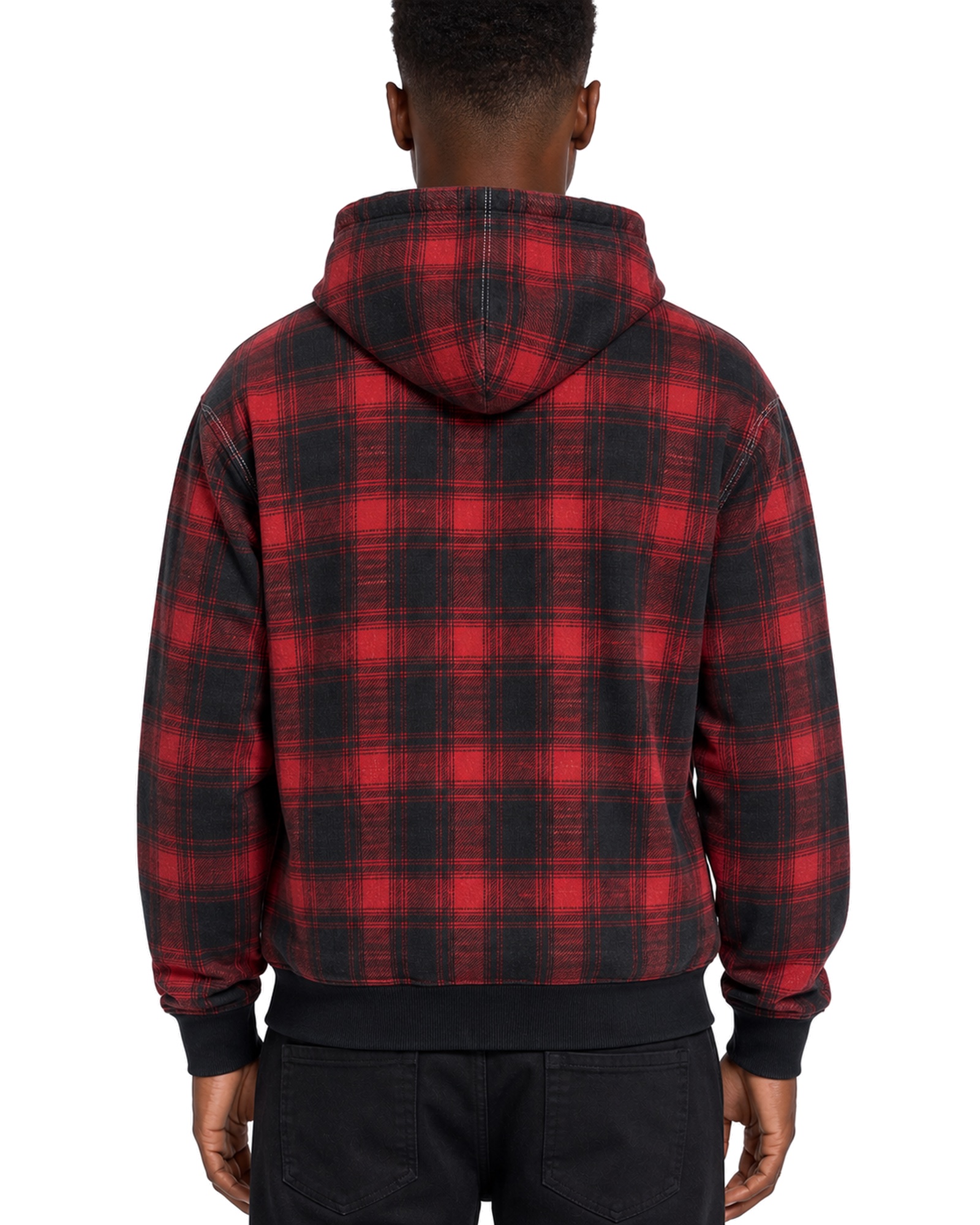 METRO Red Crossing Plaid Hoodie back product view on a white background