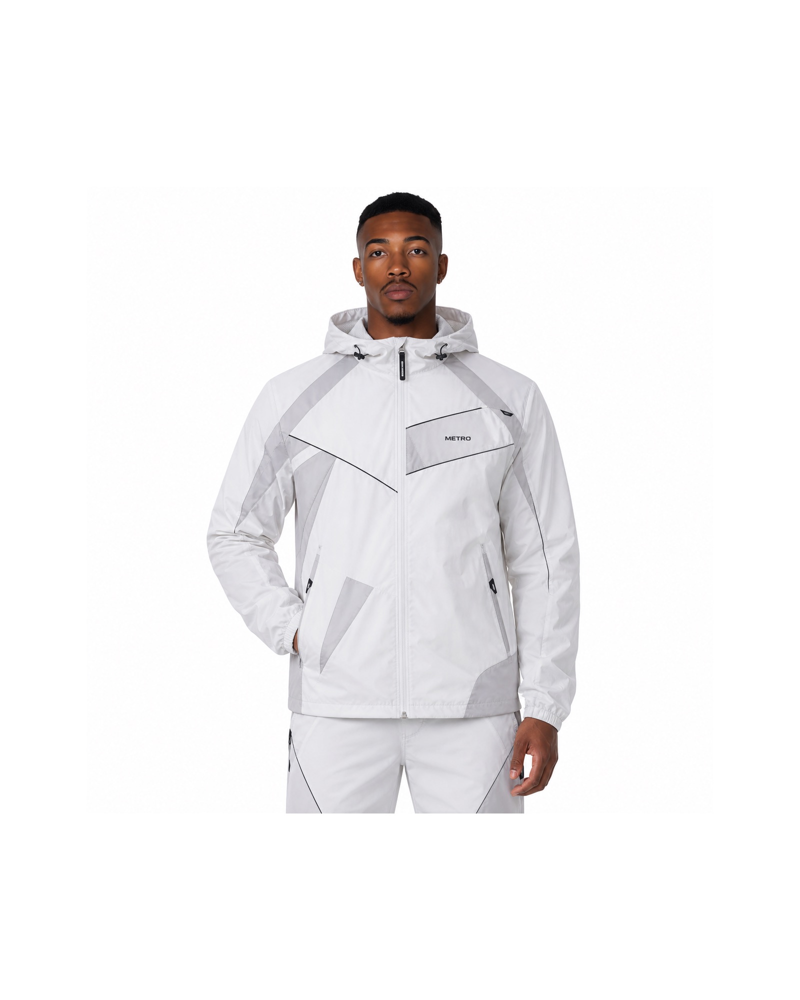 METRO White Prism Hooded Shell front product view on a white background
