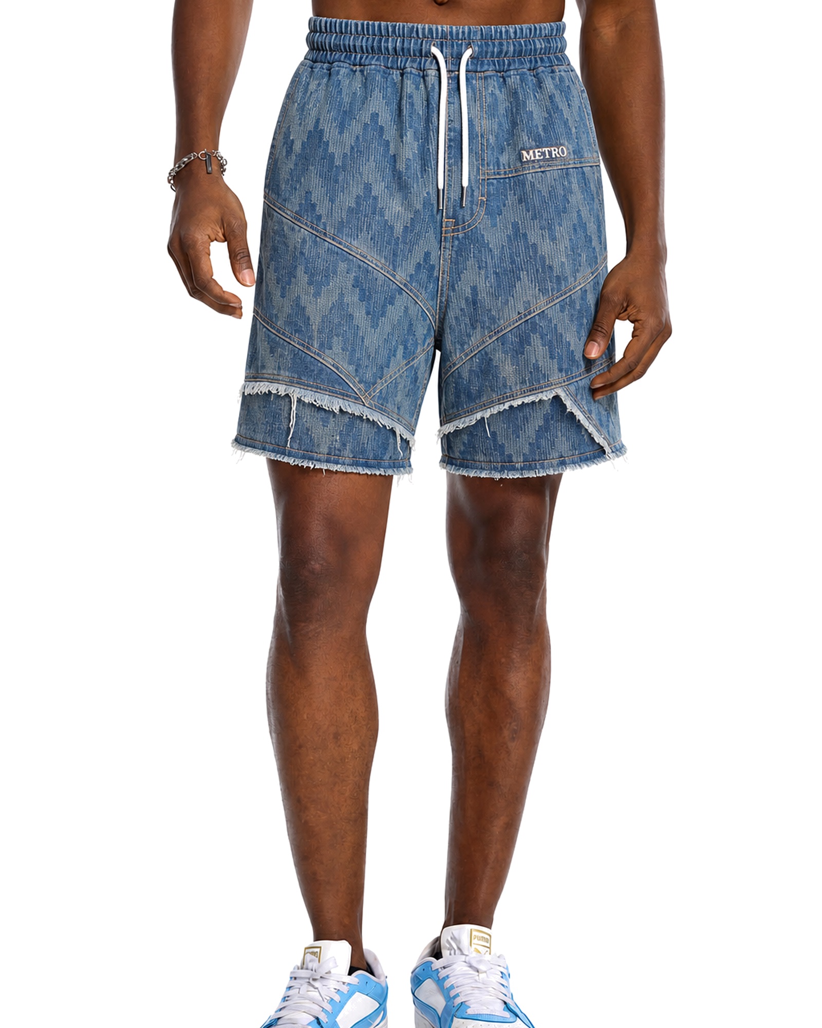 METRO Blue Mosaic Transit Shorts front product view on a white background