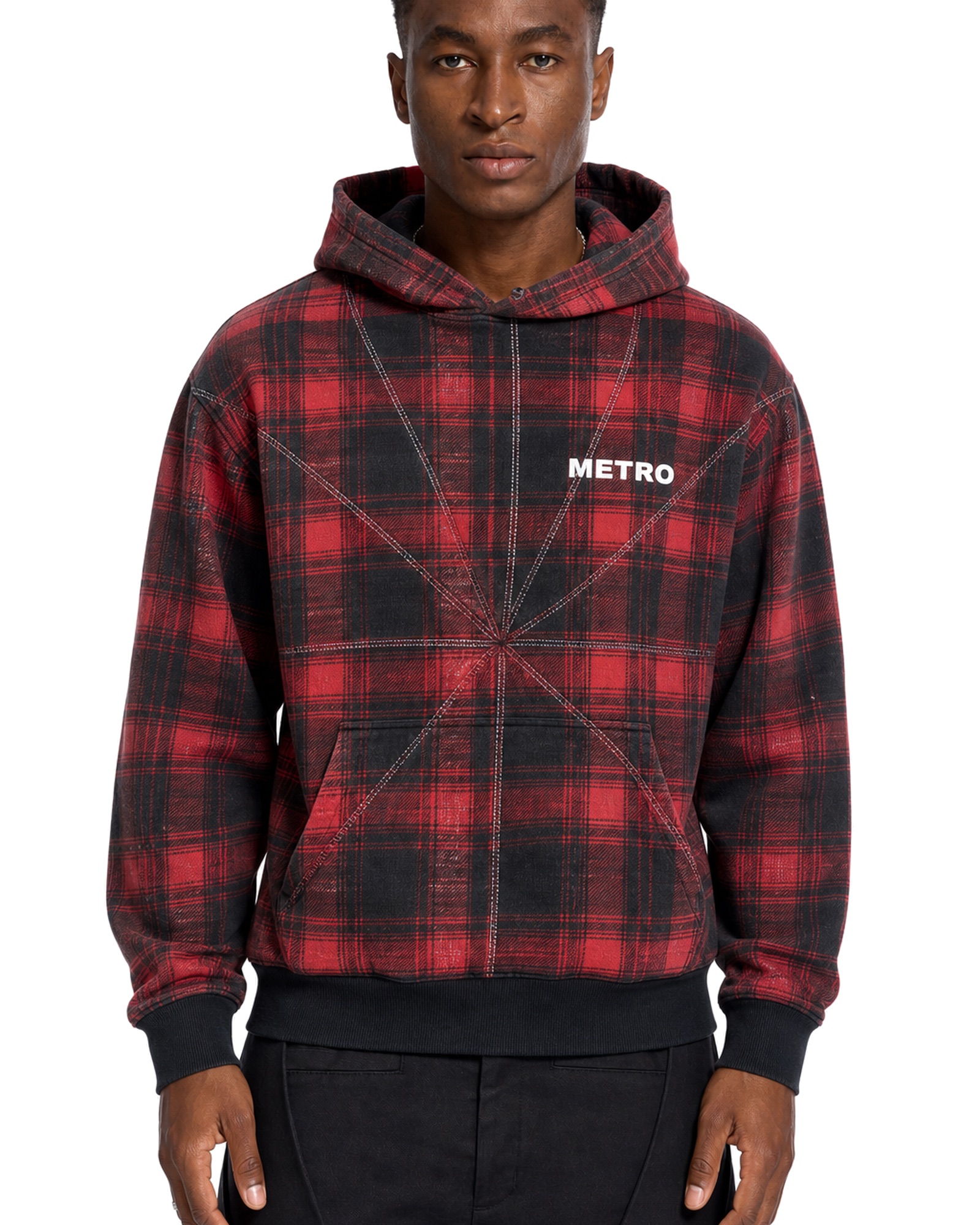 METRO Red Crossing Plaid Hoodie front product view on a white background