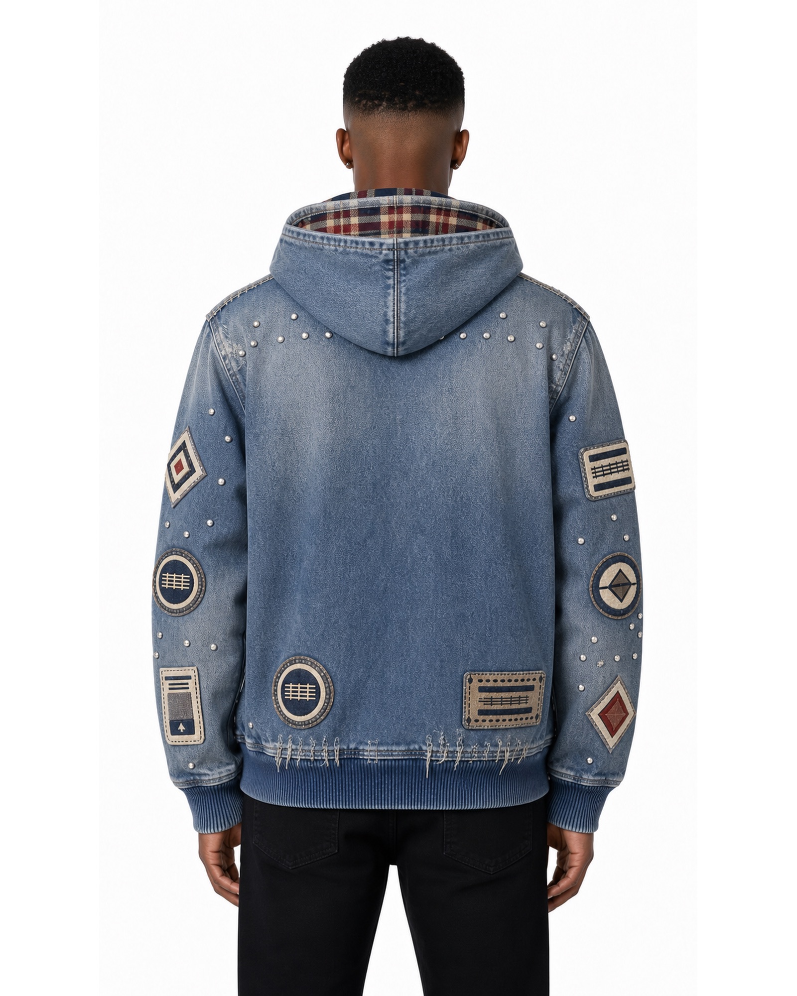 METRO Indigo Badge Denim Hoodie back product view on a white background