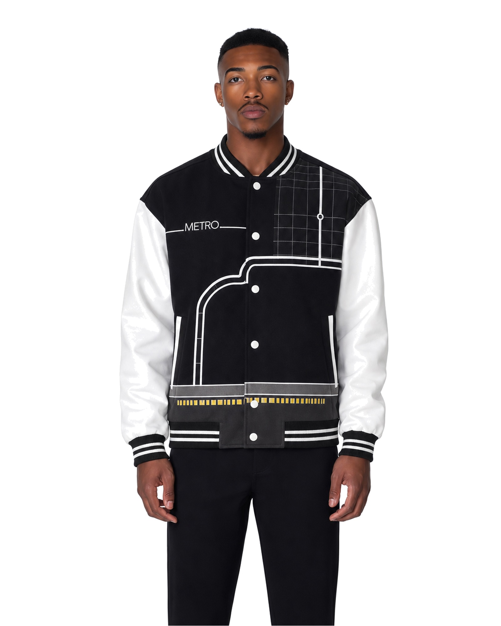 METRO Midnight Express Varsity Jacket front product view on a white background