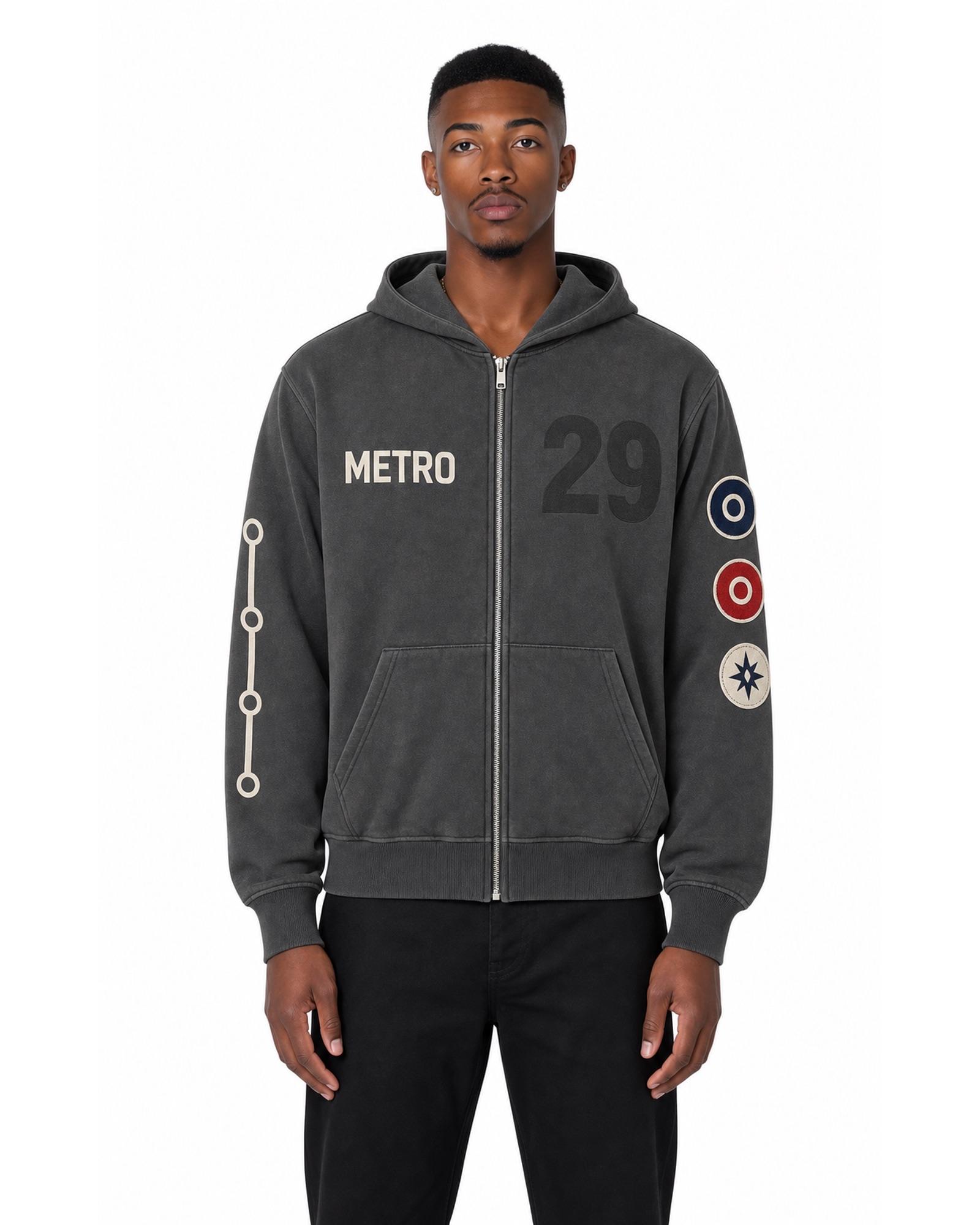 METRO Signal Badge Zip Hoodie front product view on a white background