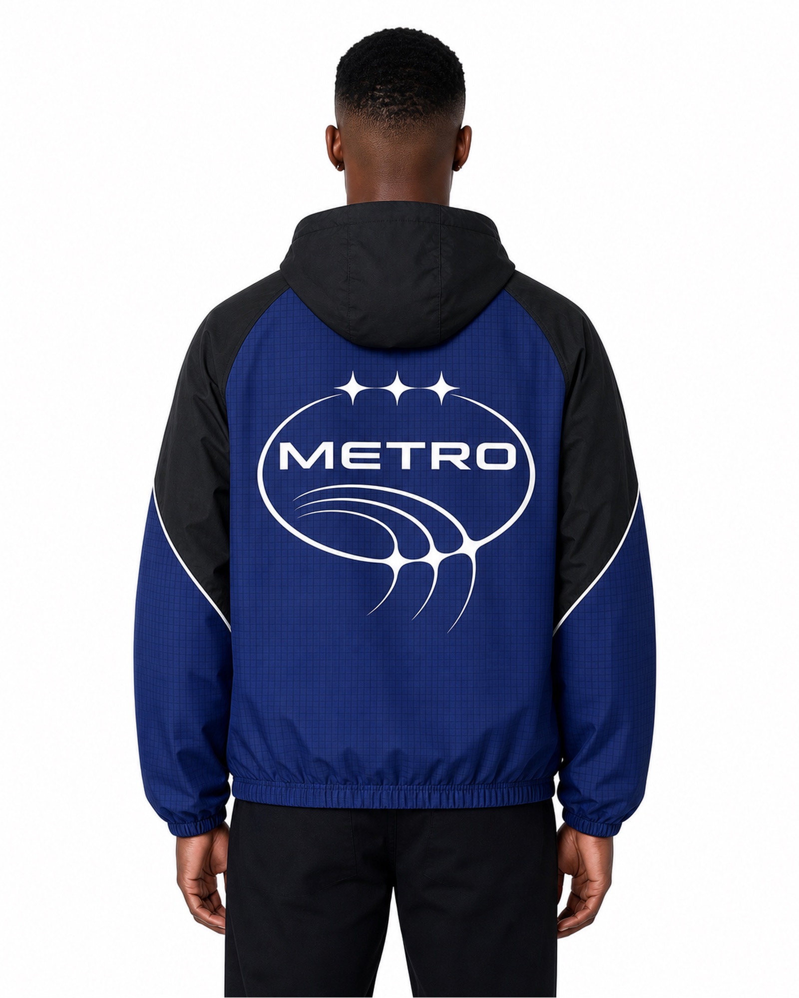 METRO Cobalt Crescent Zip Hoodie back product view on a white background