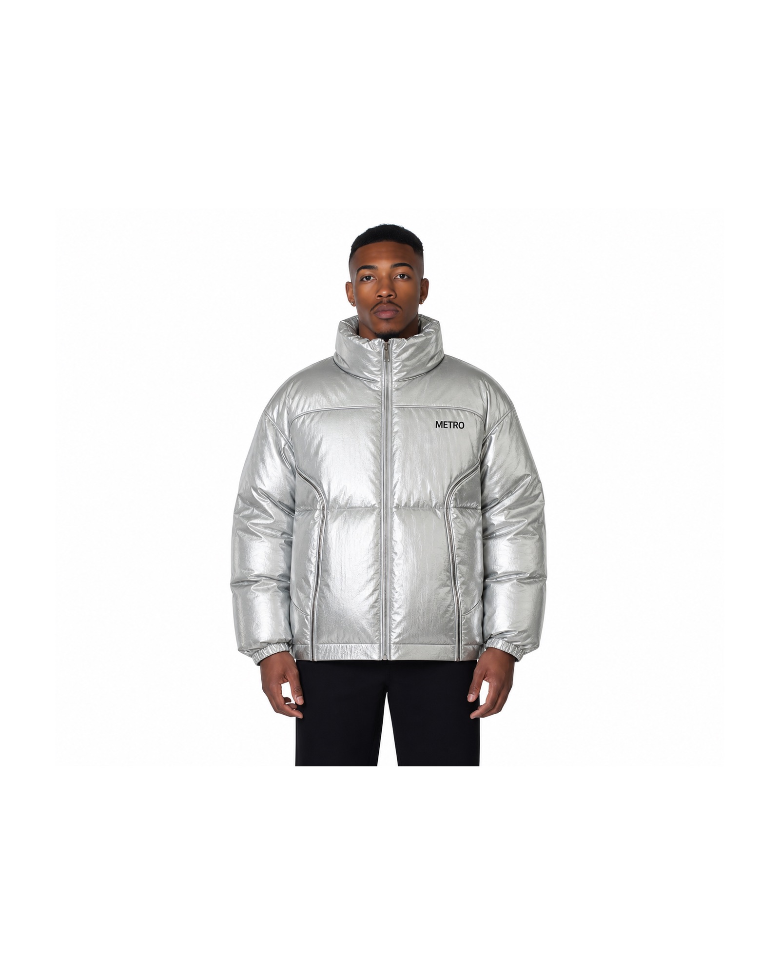 METRO Chrome Terminal Puffer Jacket front product view on a white background