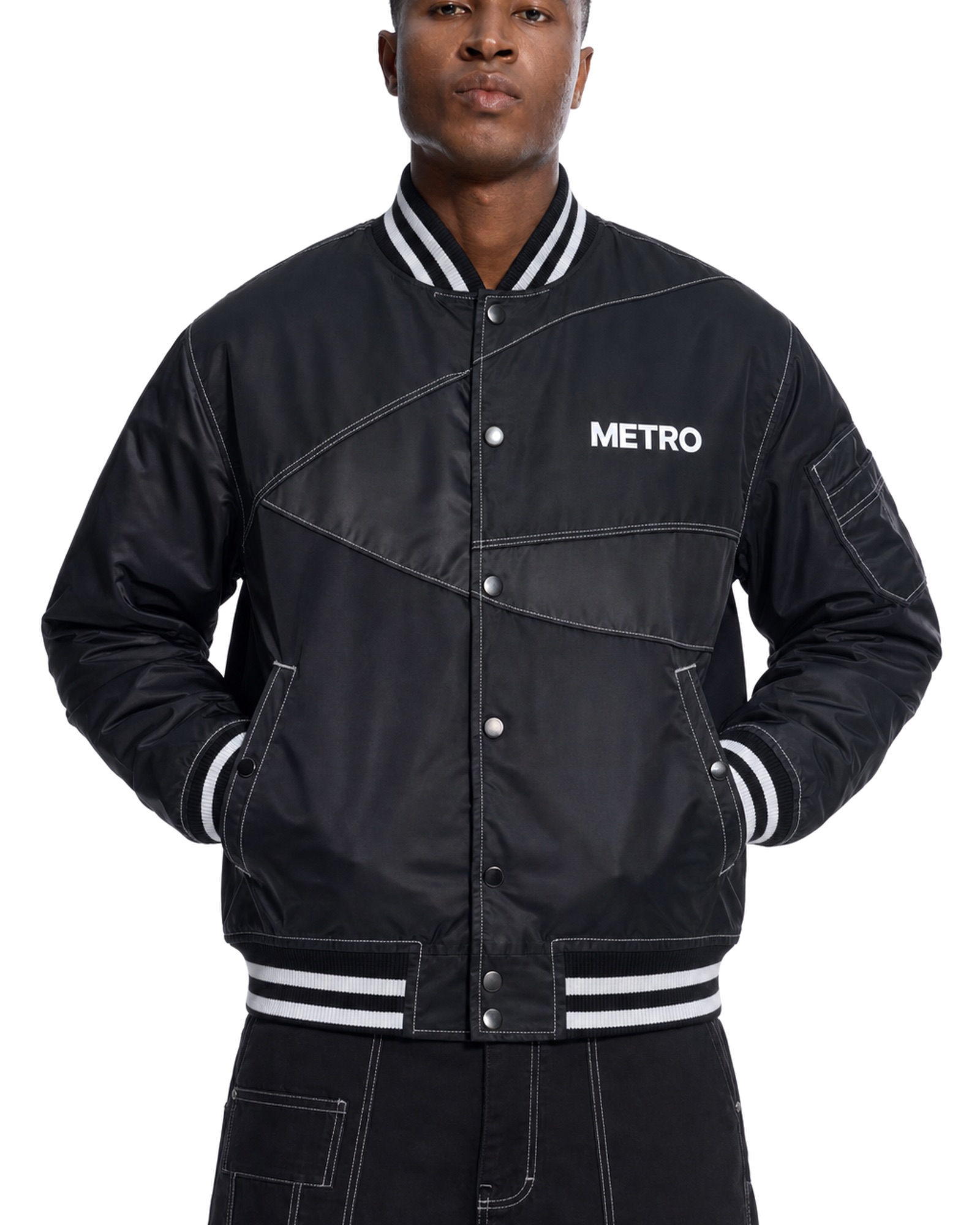 METRO Platform Satin Varsity Jacket front product view on a white background