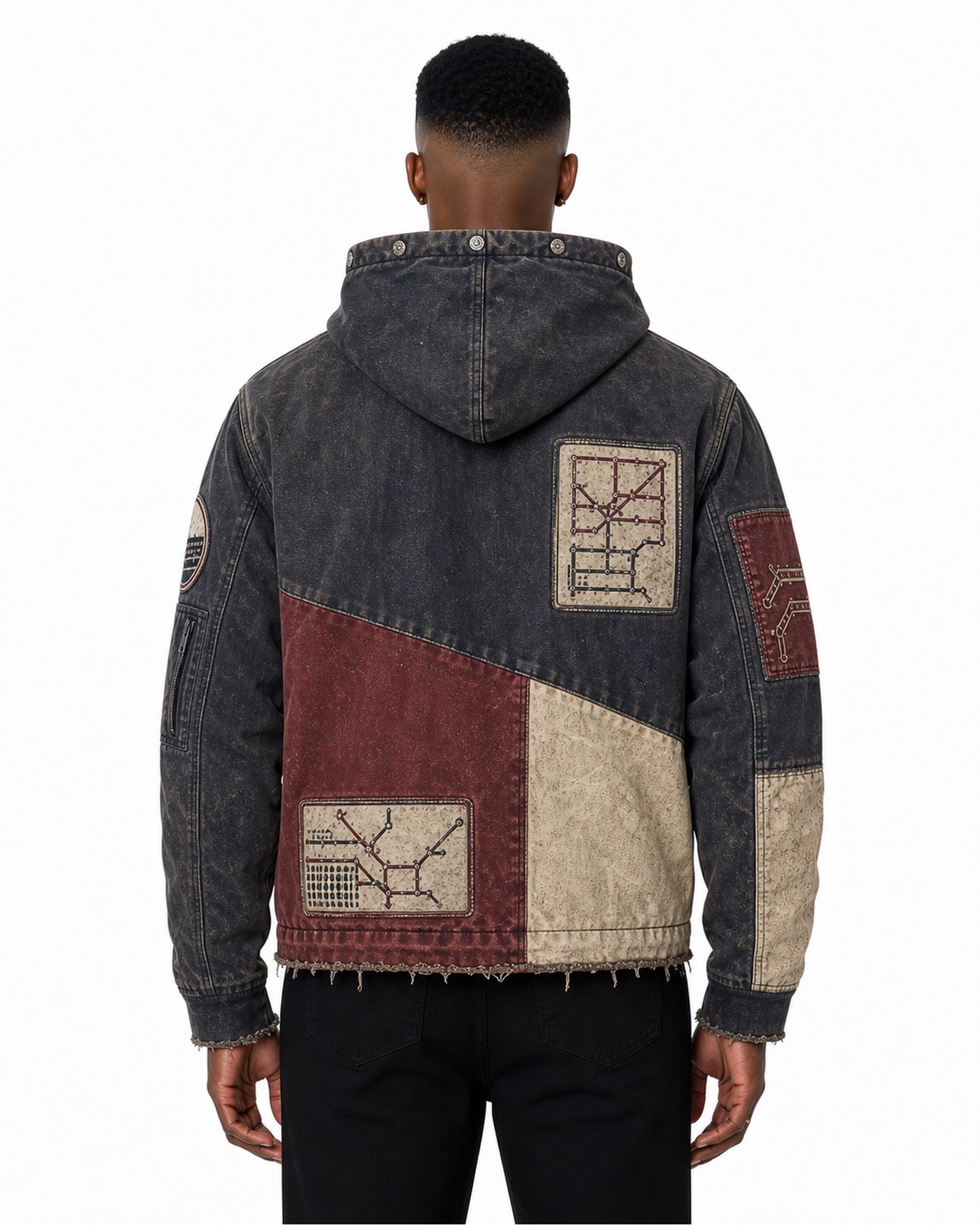 METRO Patchline Denim Zip Hoodie back product view on a white background
