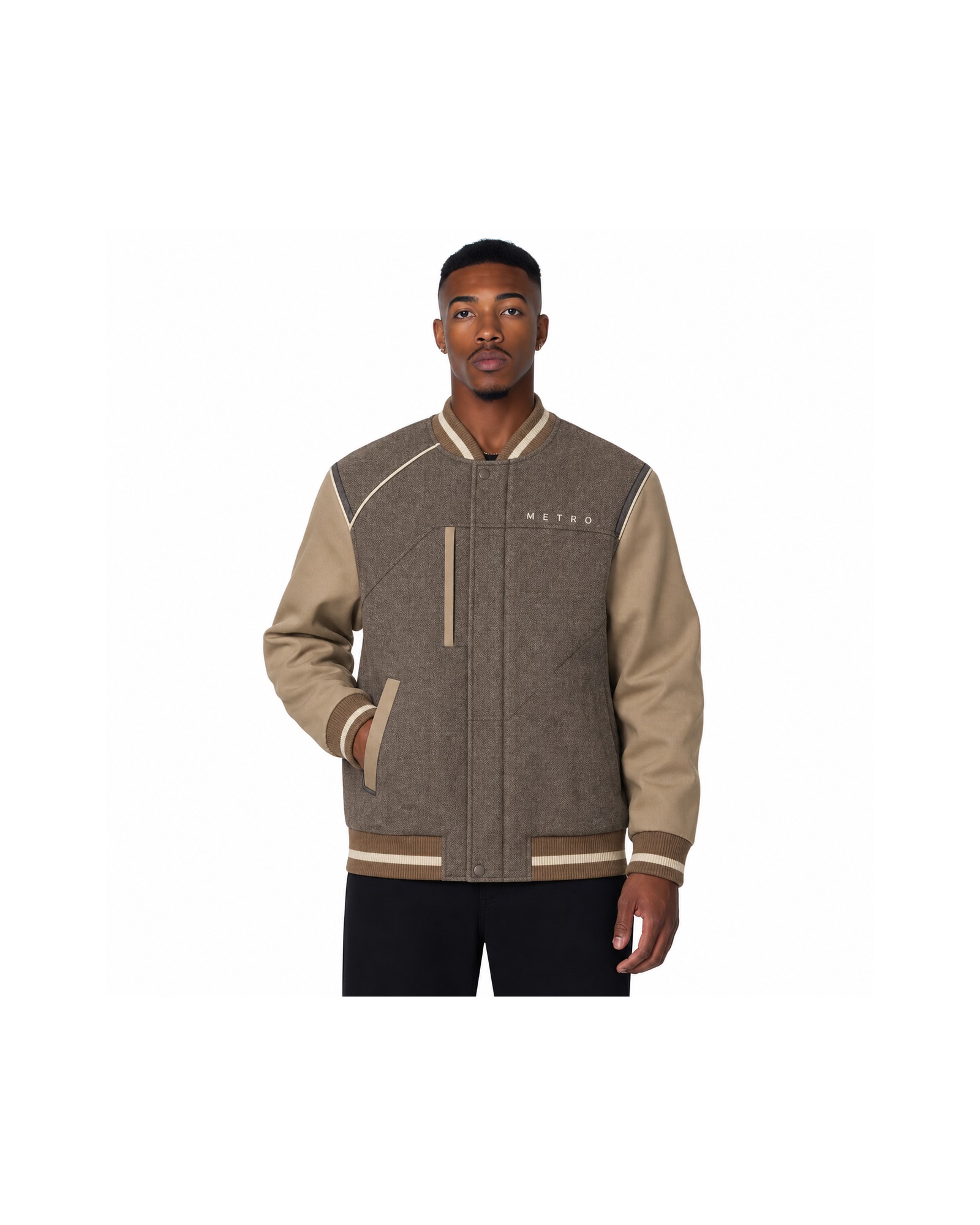METRO Mocha Platform Bomber Jacket front product view on a white background