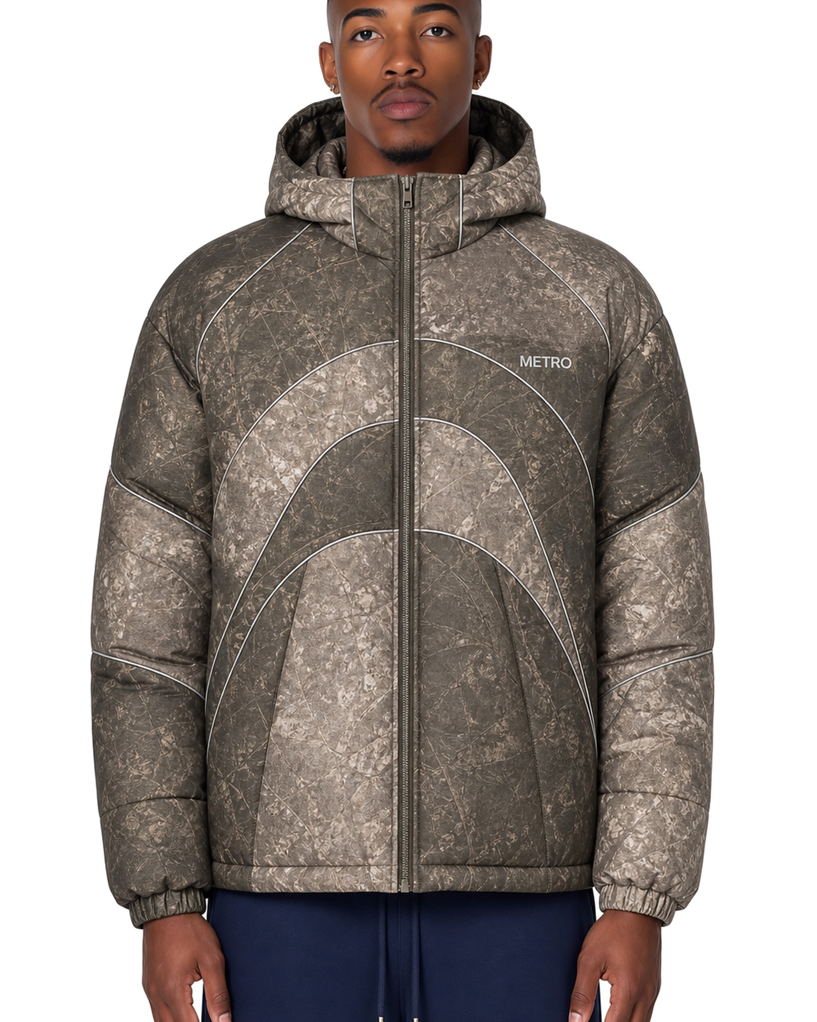 METRO Tunnel Arc Camo Puffer front product view on a white background