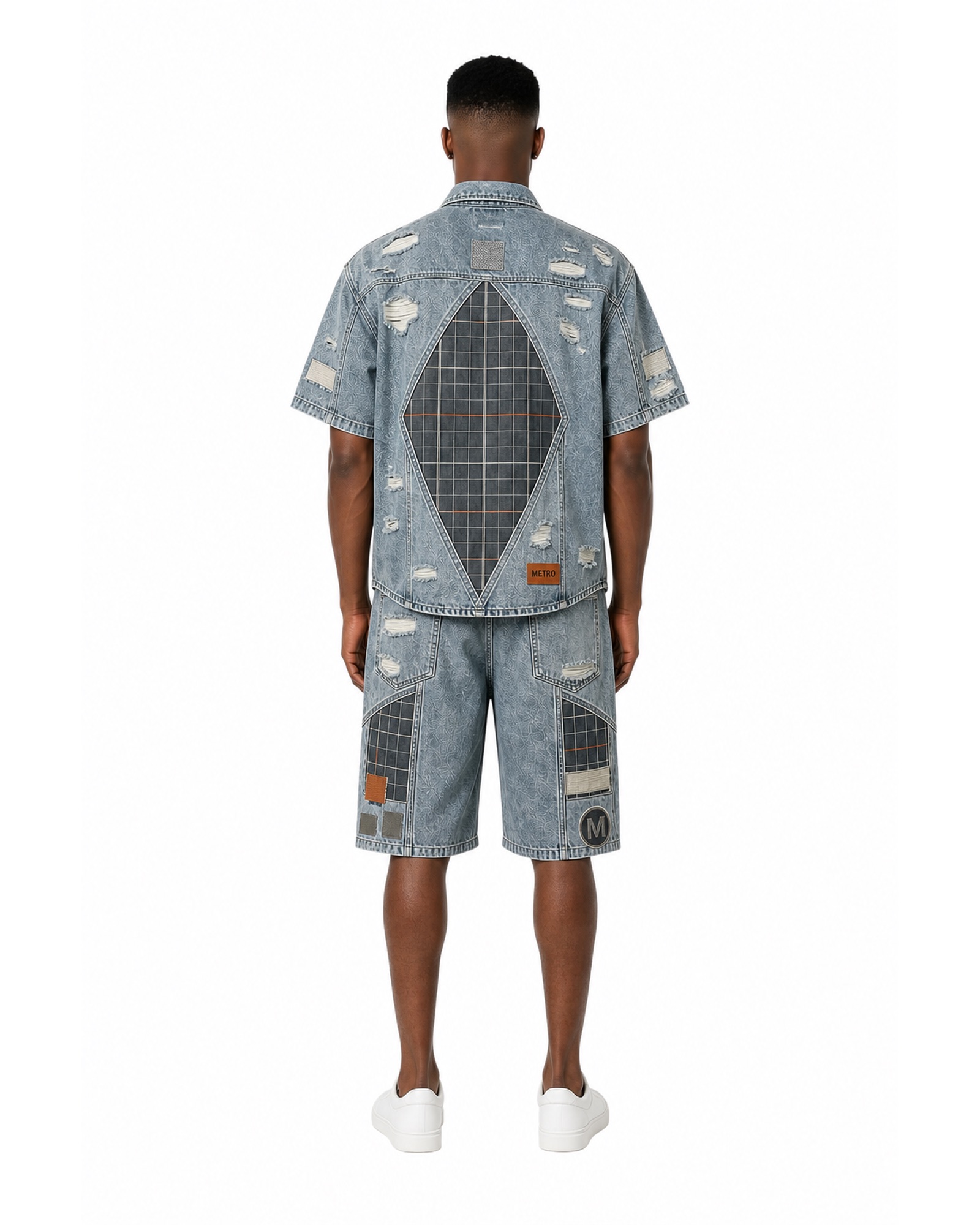 METRO Sky Patchwork Denim Set back product view on a white background