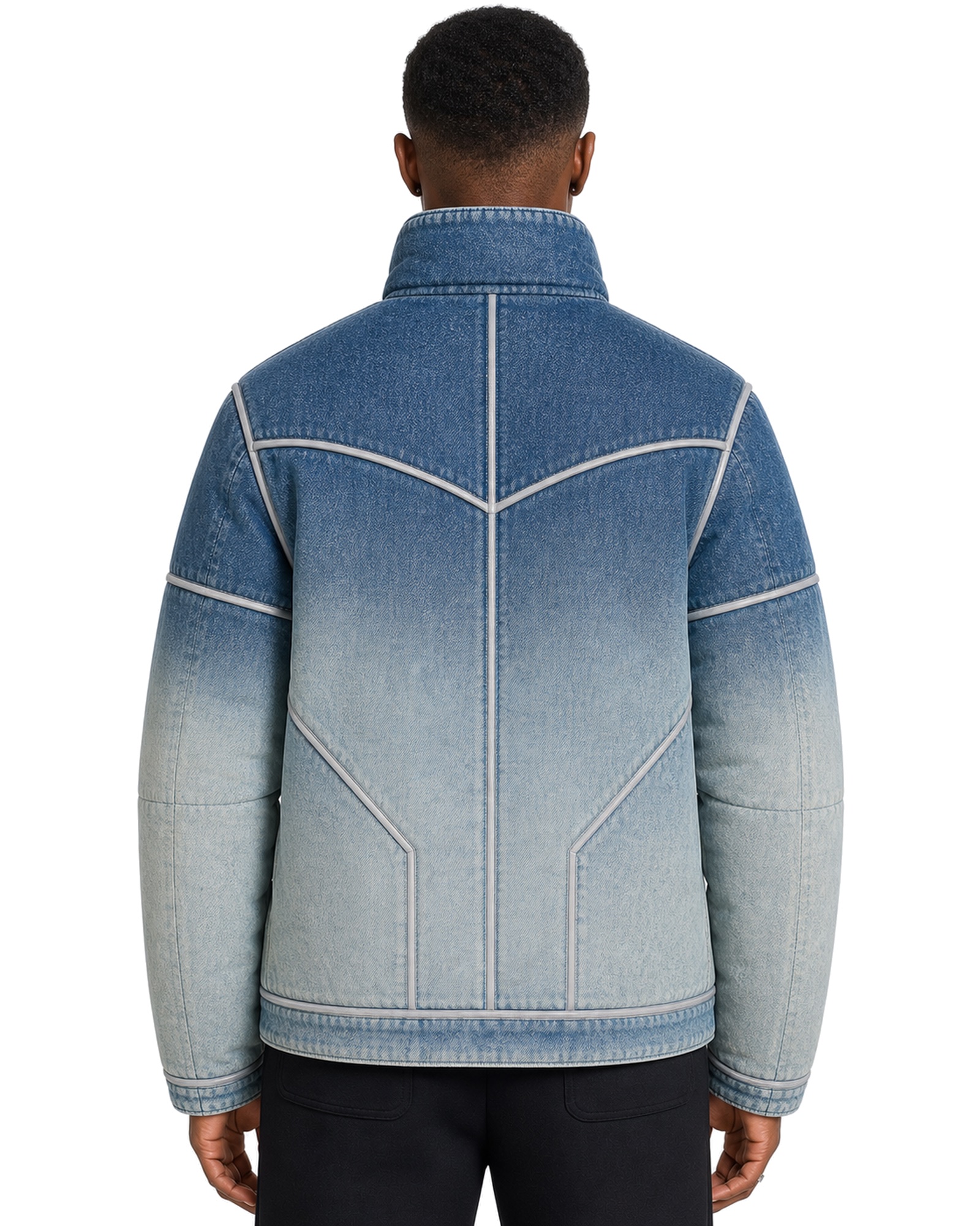 METRO Glacier Fade Denim Puffer back product view on a white background