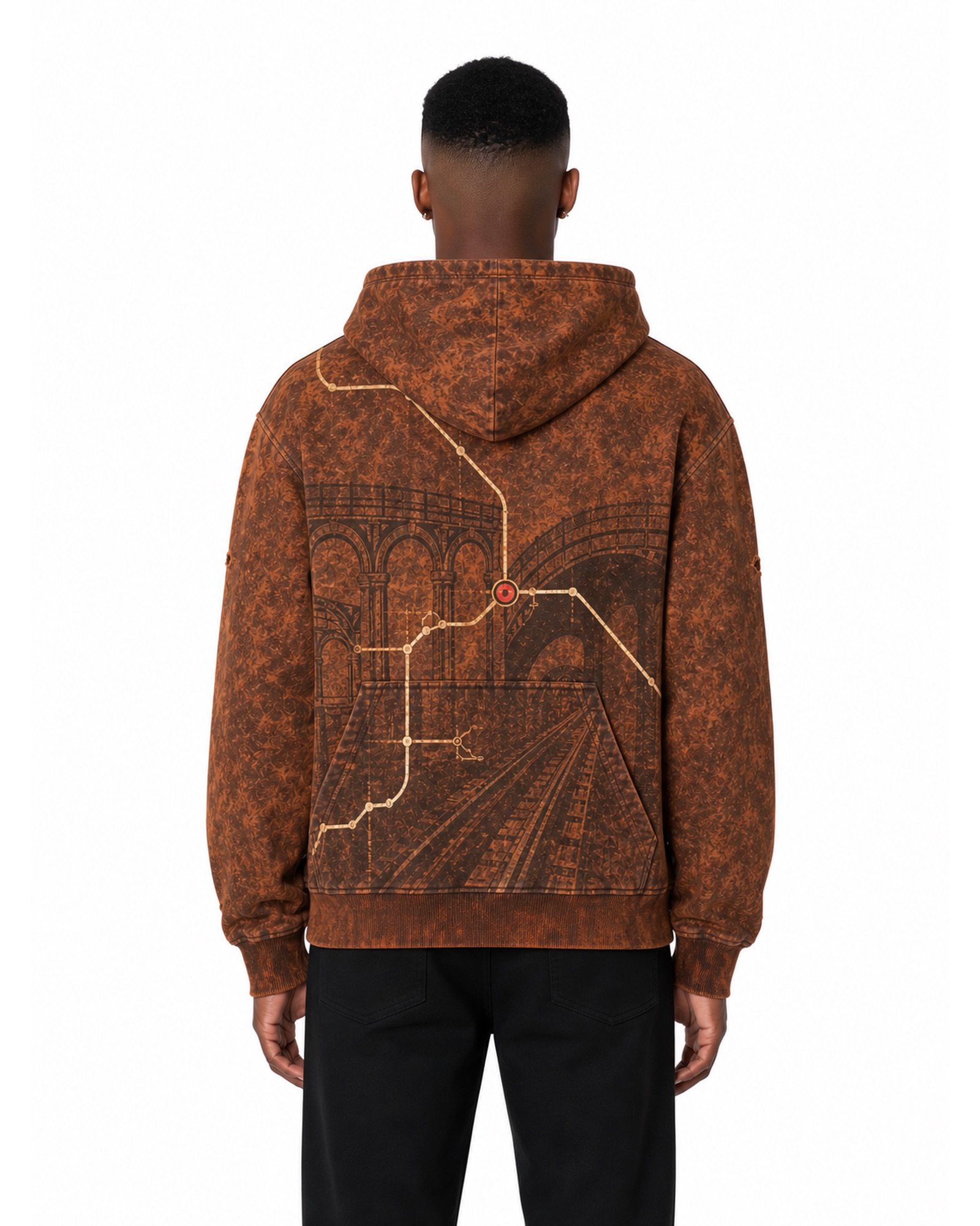 METRO Rust Topography Hoodie back product view on a white background