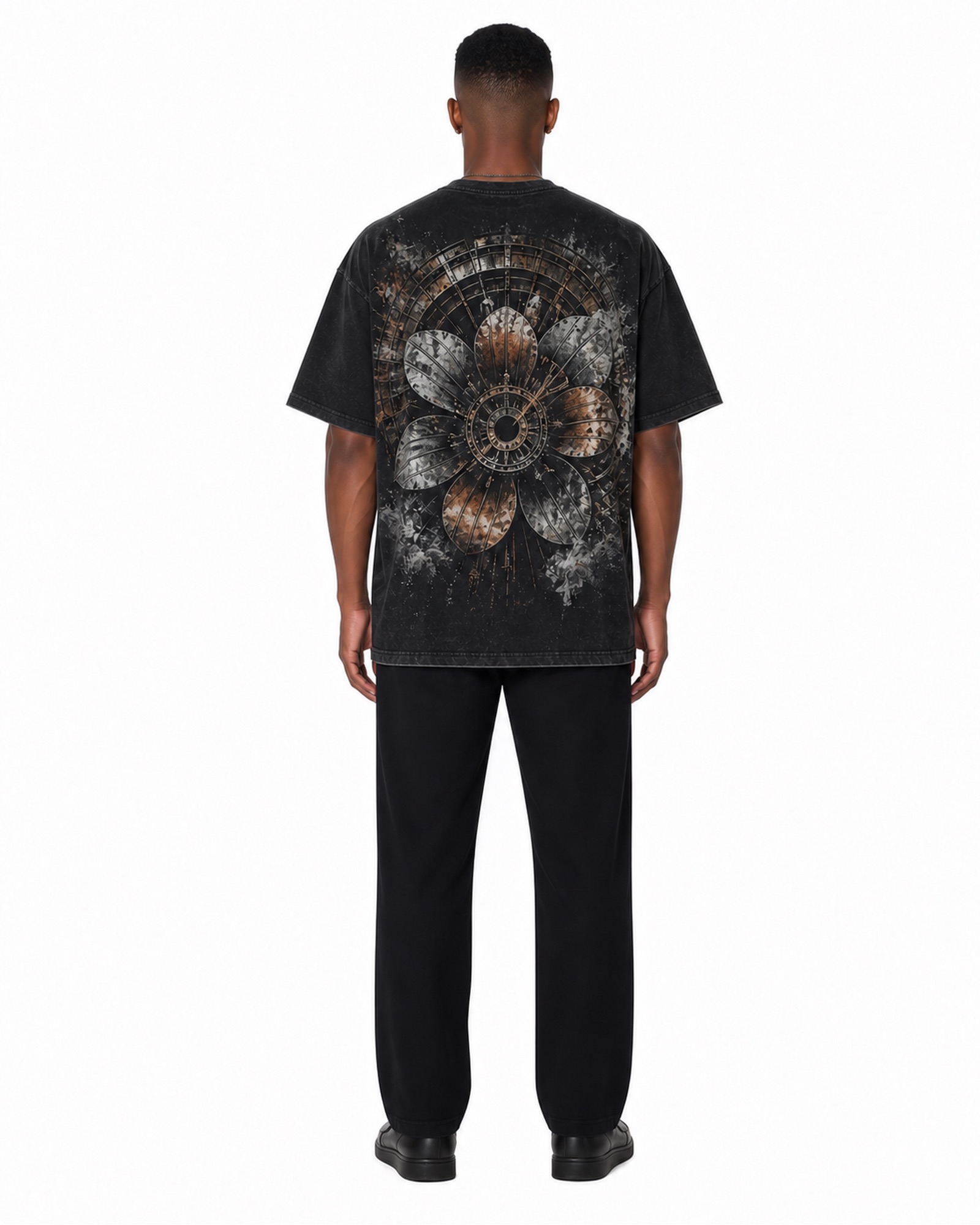 METRO Black Rosette Graphic Tee back product view on a white background