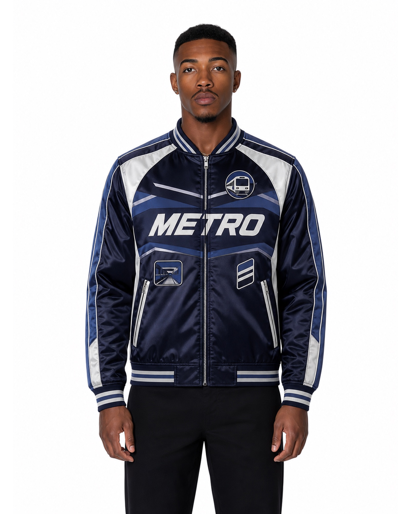 METRO Midnight Varsity Track Jacket front product view on a white background