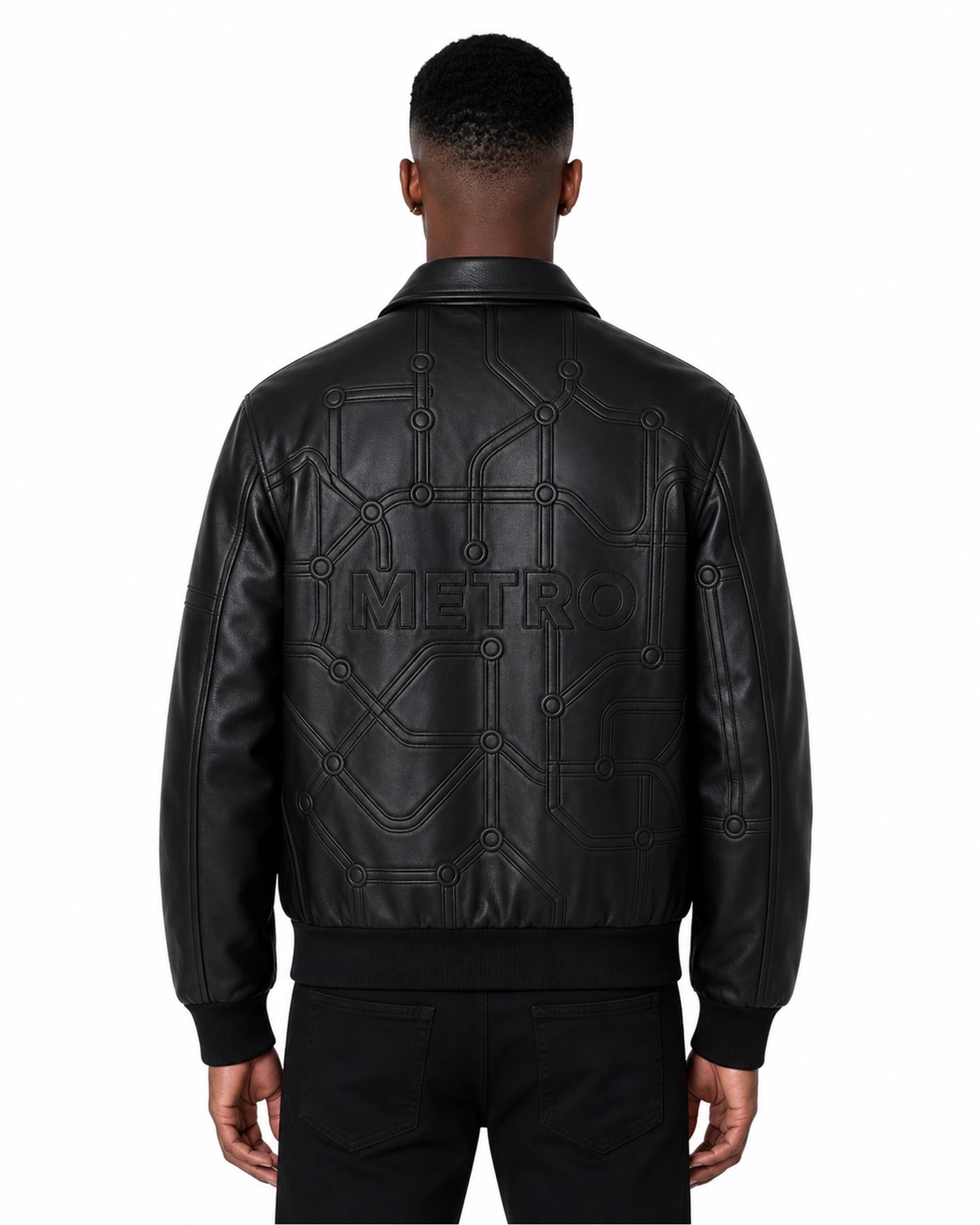 METRO Black Vault Leather Jacket back product view on a white background