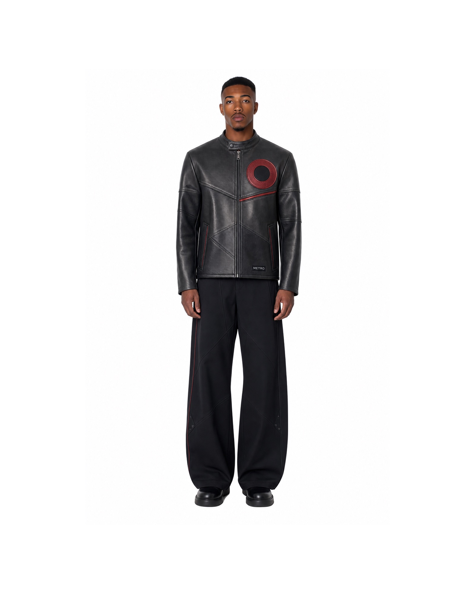 METRO Red Beacon Leather Jacket front product view on a white background
